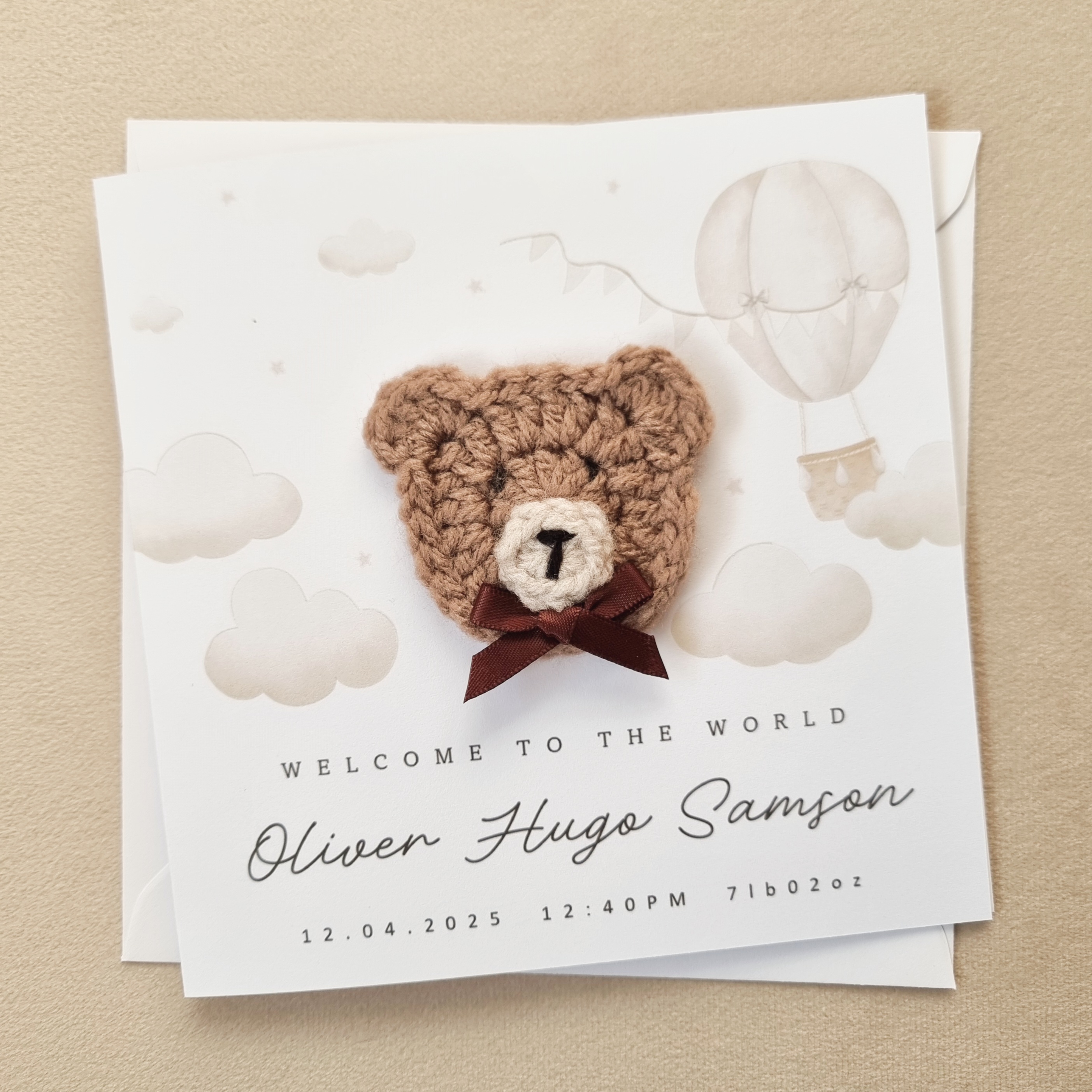 Personalised New Baby Card - Neutral Hot Air Balloon - Crochet Bear