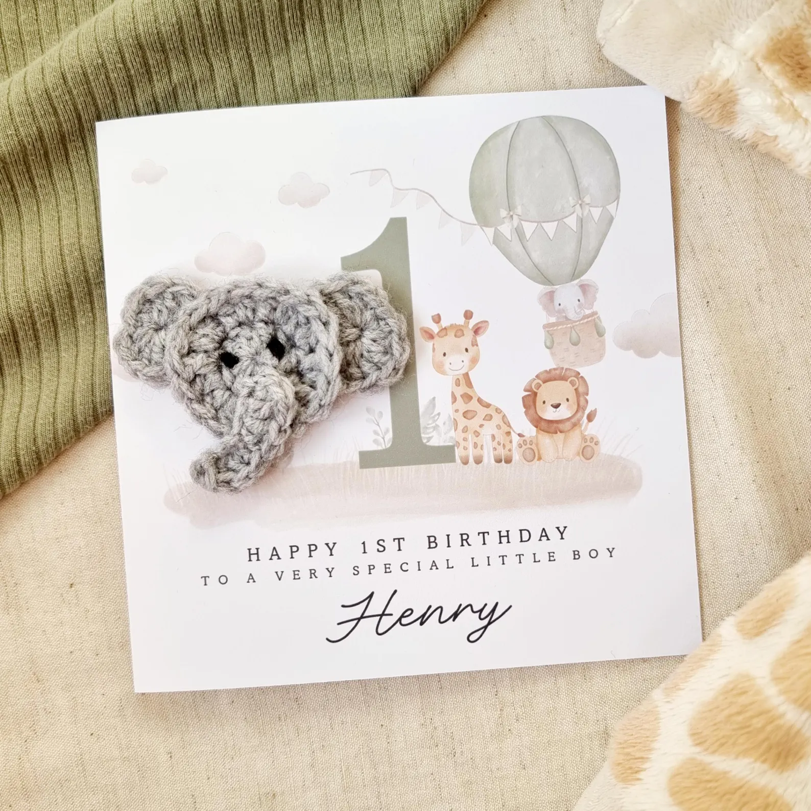 Personalised 1st Birthday Card - Little Boy - Crochet Elephant