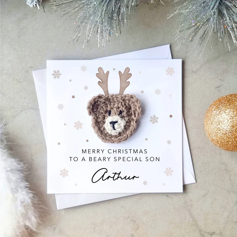 Personalised Son Christmas Card - Crochet Bear