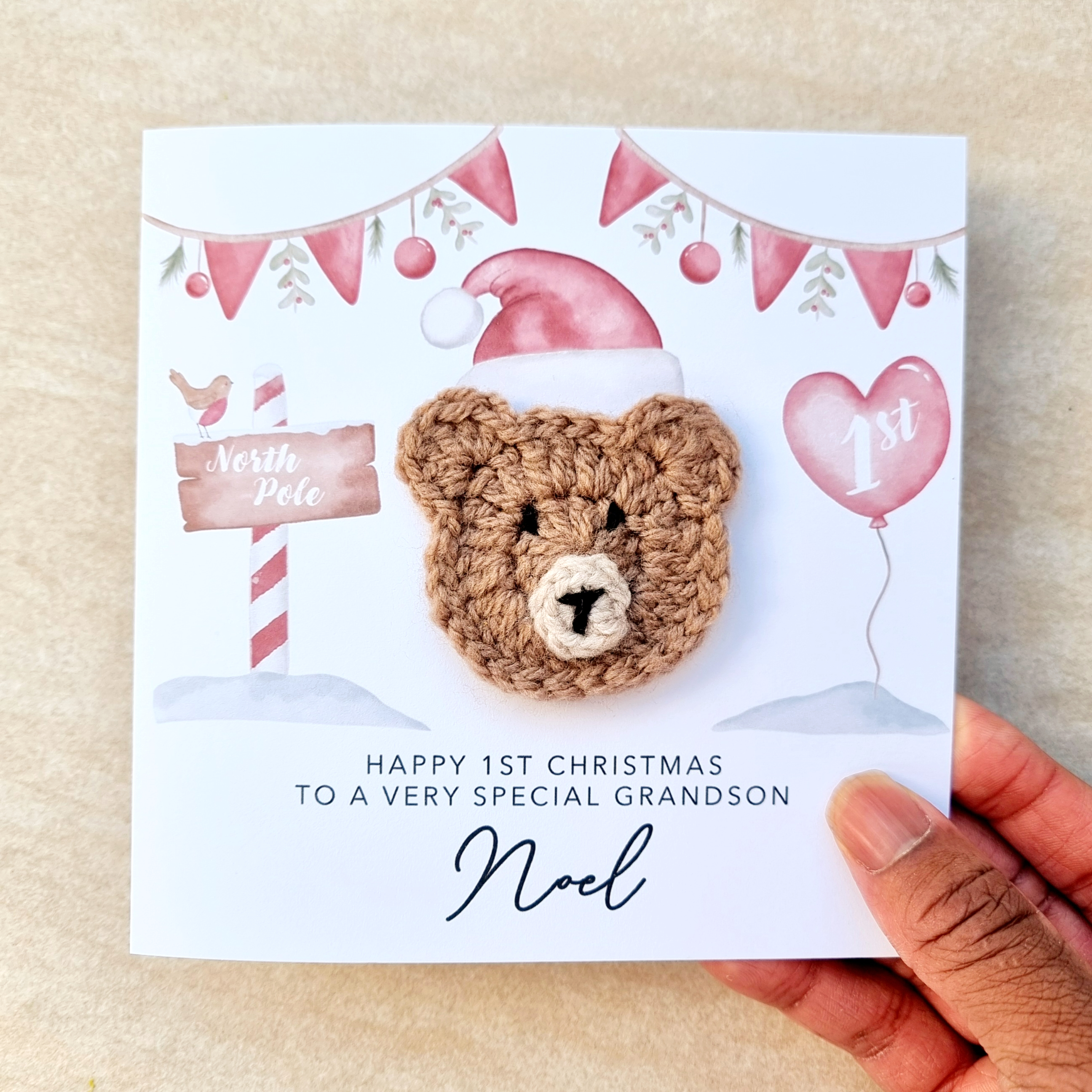 Personalised Grandson 1st Christmas Card - Crochet Bear