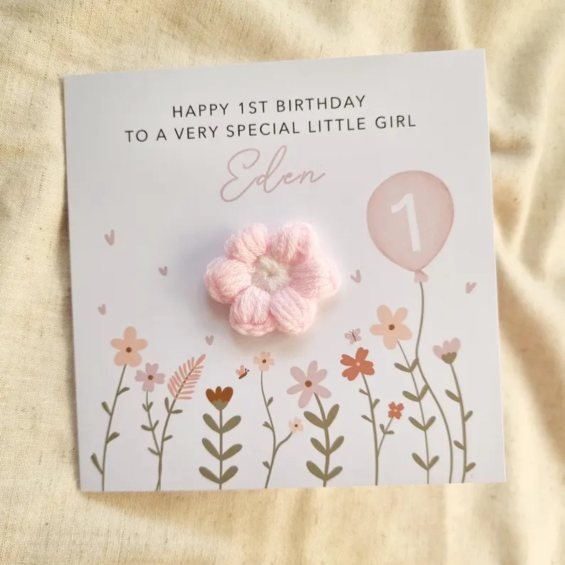 Personalised 1st Birthday Card - Crochet Puff Flower