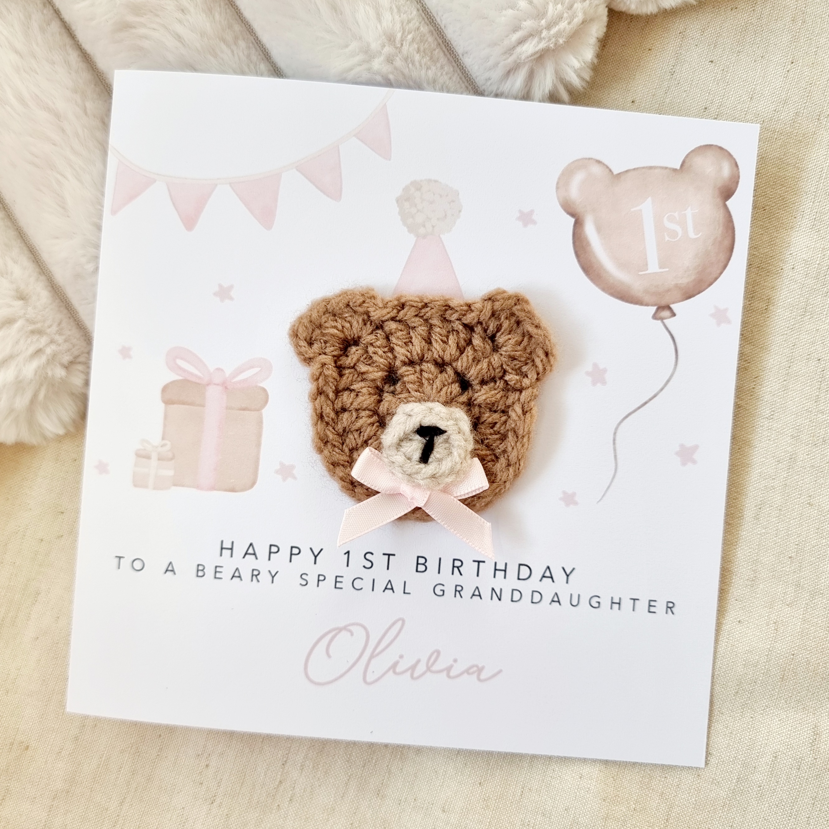 Personalised 1st Birthday Card - Any Recipient - Crochet Bear