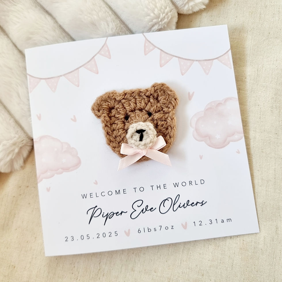 Thumbnail: Personalised New Baby Card - Pink Flag - Crochet Bear