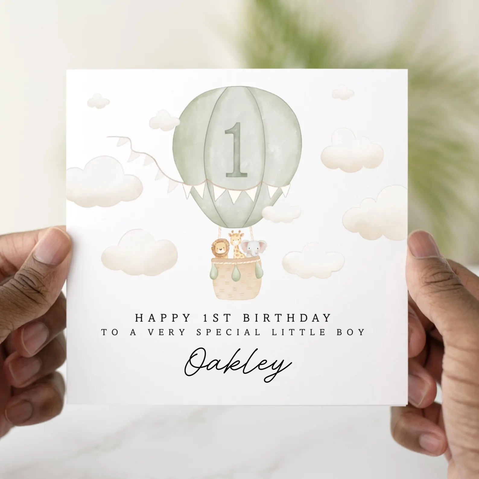Personalised 1st Birthday Card - Green Hot Air Balloon