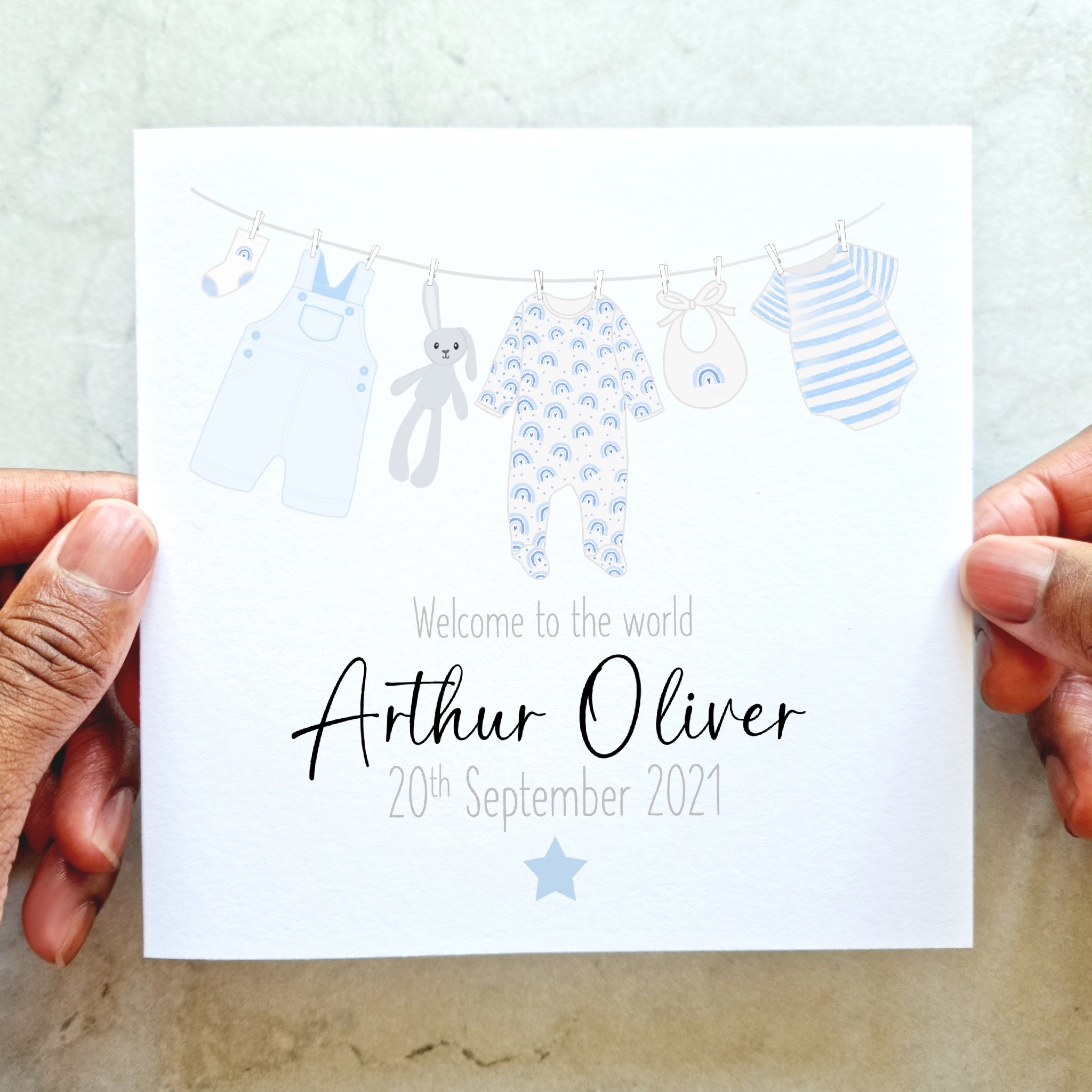 Personalised New Baby Boy Card - Washing Line