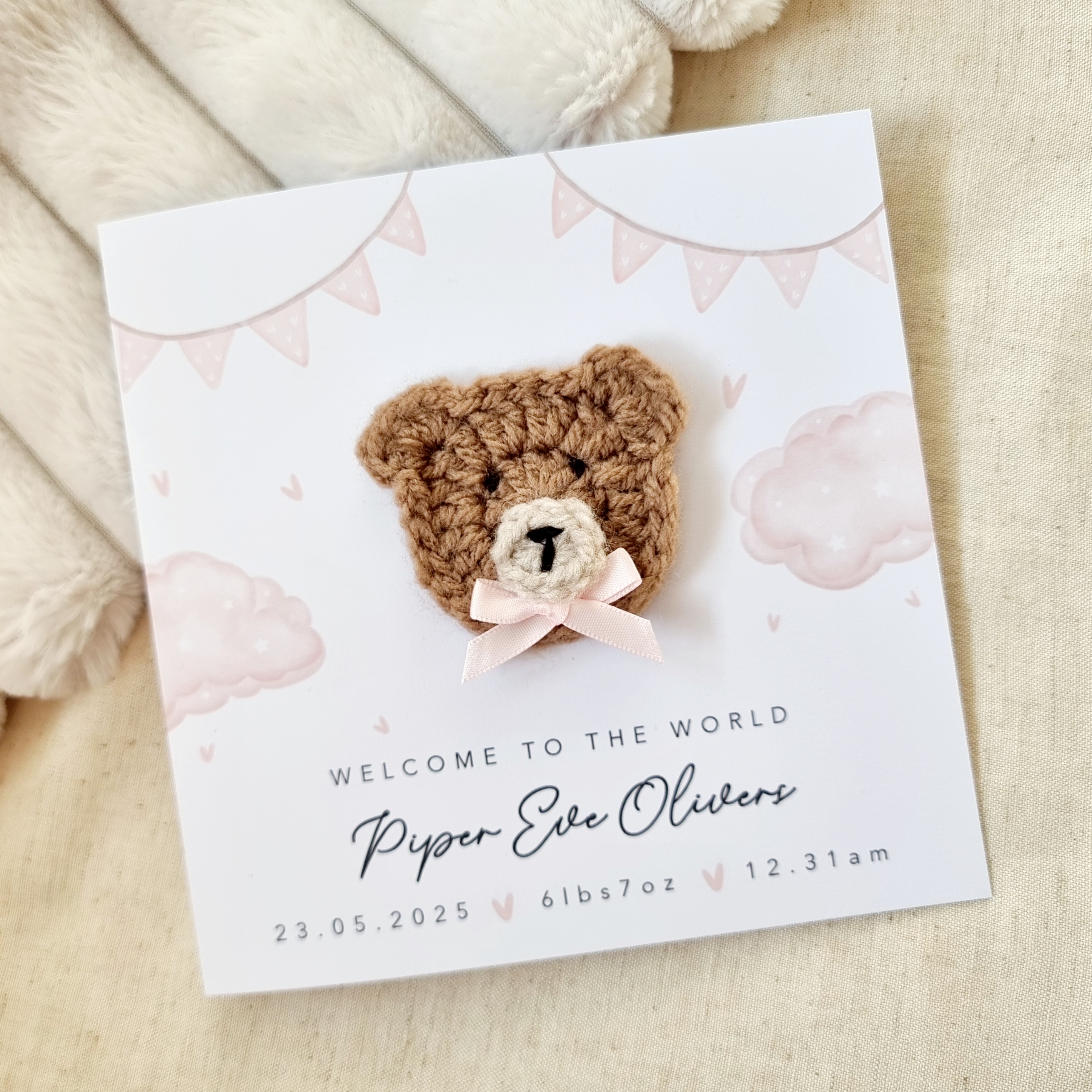 Personalised New Baby Card - Pink Flag - Crochet Bear