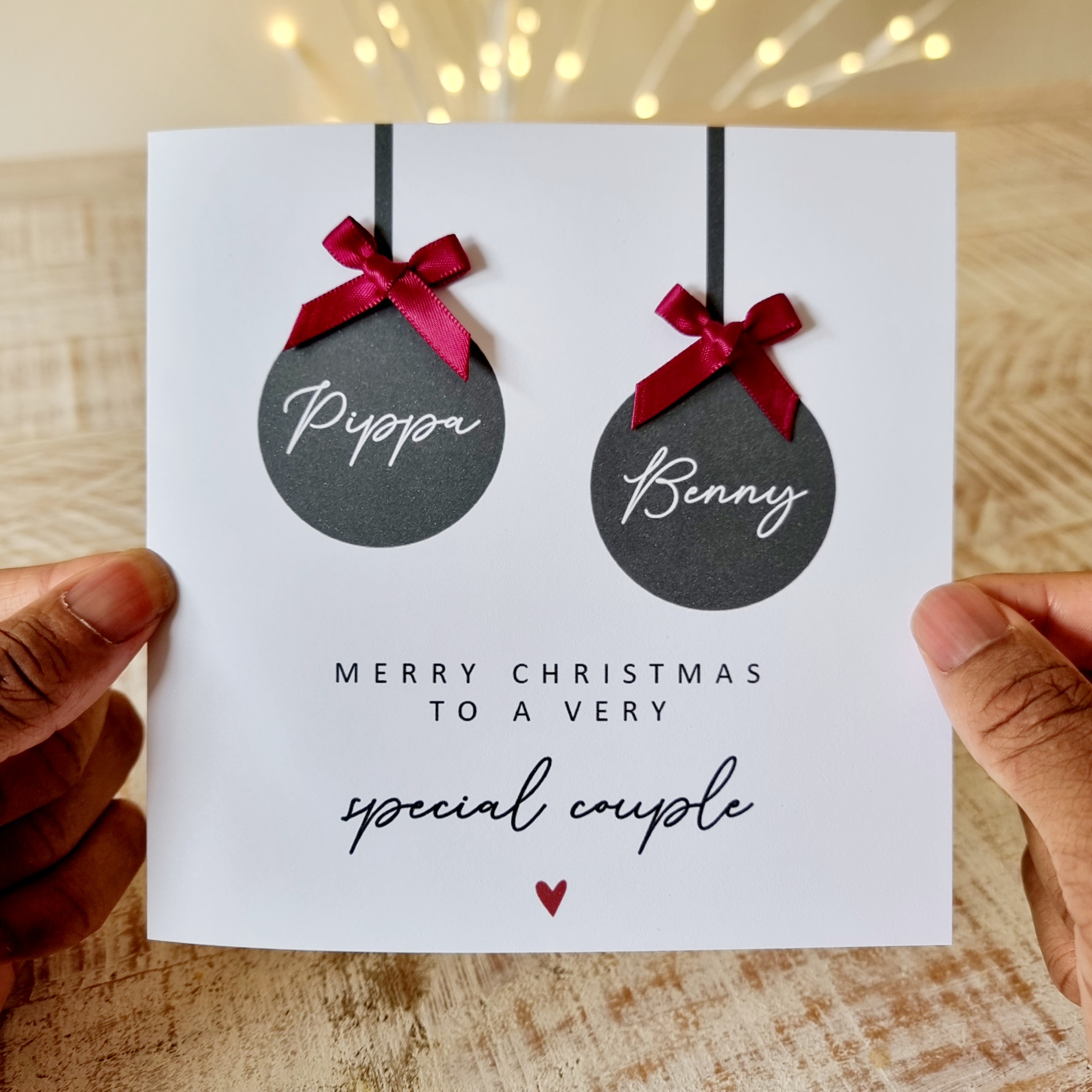 Personalised Couple Bow And Bauble Christmas Card