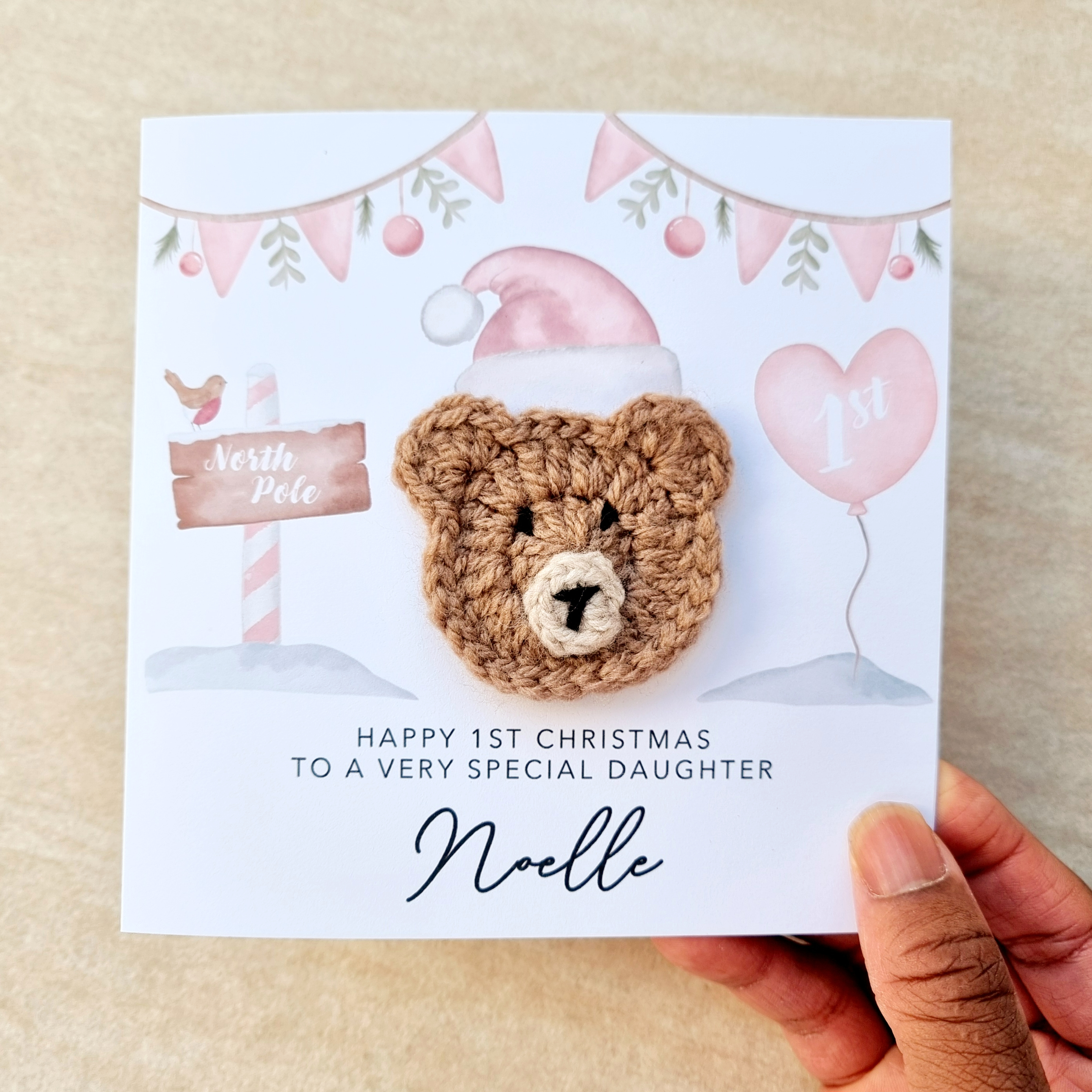 Personalised Daughter 1st Christmas Card - Crochet Bear