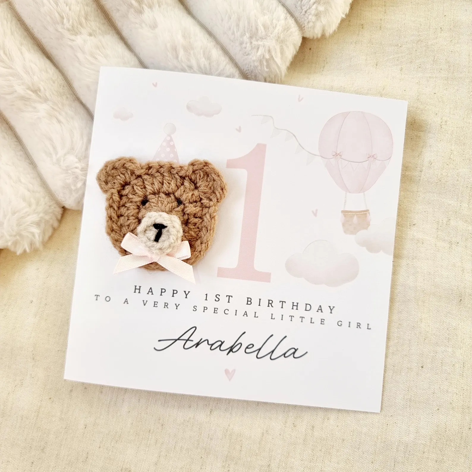 Personalised 1st Birthday Card - Pink Hot Air Balloon - Crochet Bear