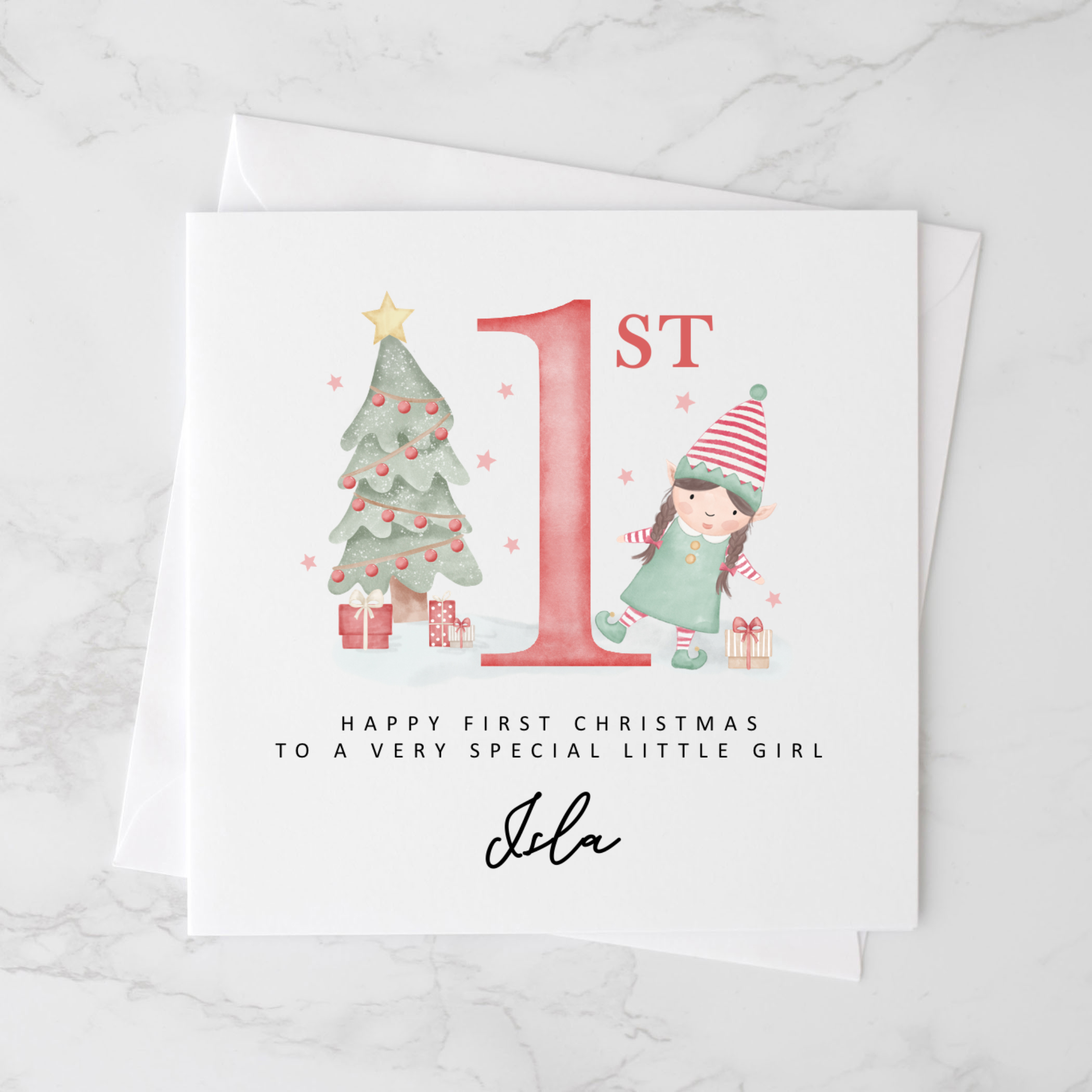 Personalised Little Girl 1st Christmas Card - Red One