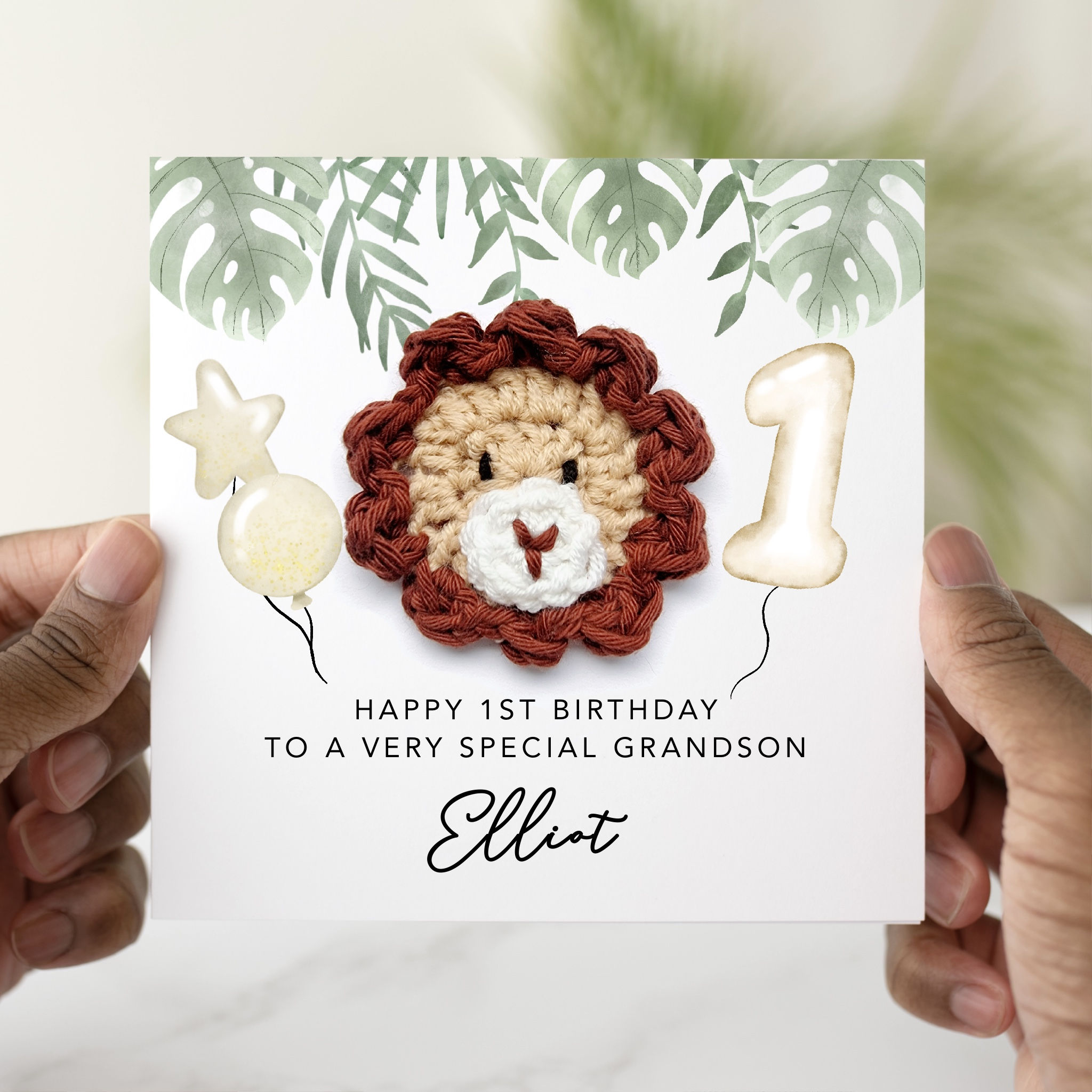 Personalised 1st Grandson Birthday Card - Crochet Lion