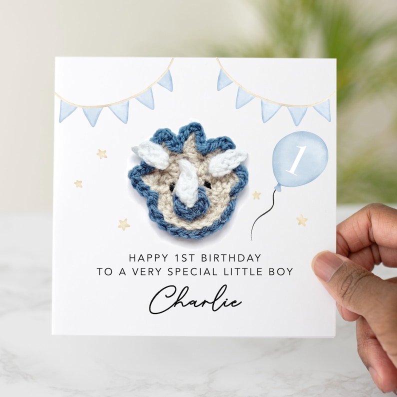 Personalised 1st Birthday Card - Little Boy - Crochet Dinosaur