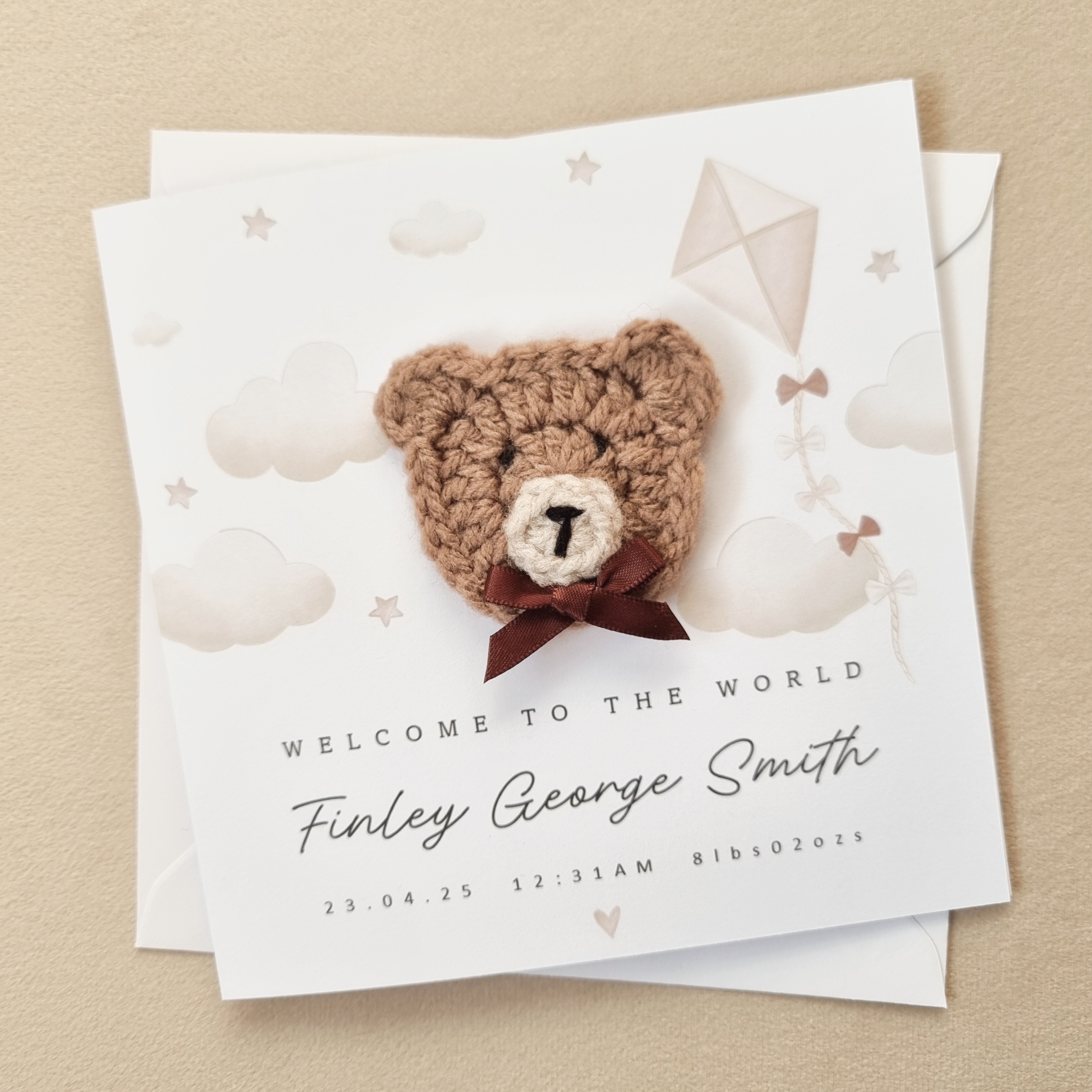 Personalised New Baby Card - Neutral Kite - Crochet Bear