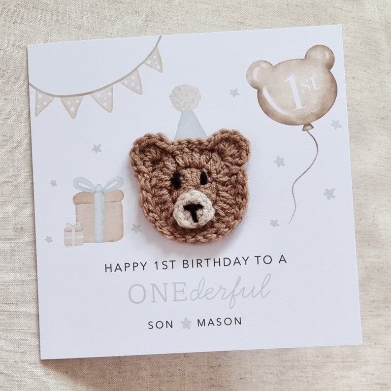 Personalised 1st Birthday Card - Party Theme - Crochet Bear