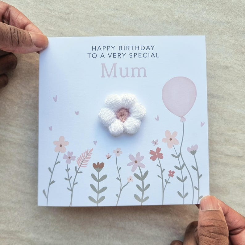 Mum Birthday Card - Crochet White & Blush Puff Flower