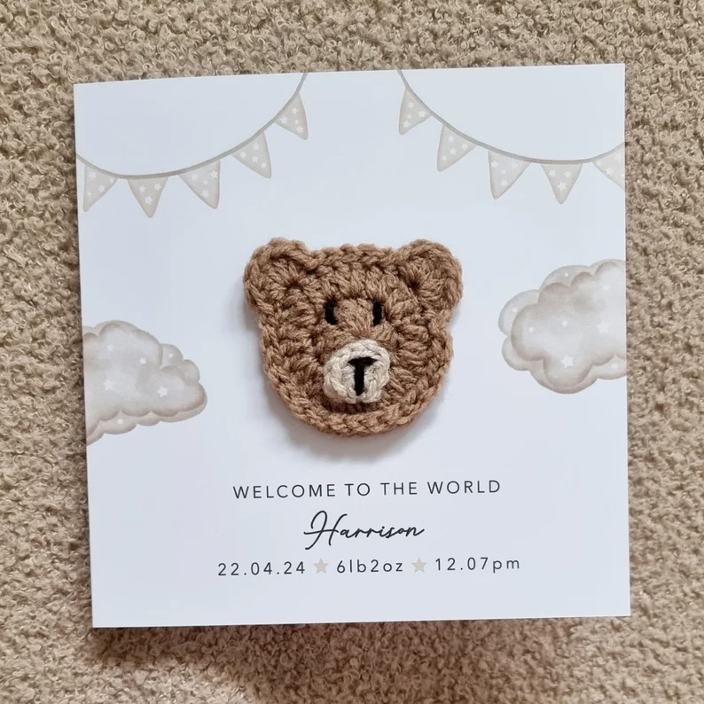 Personalised New Baby Card - Crochet Bear