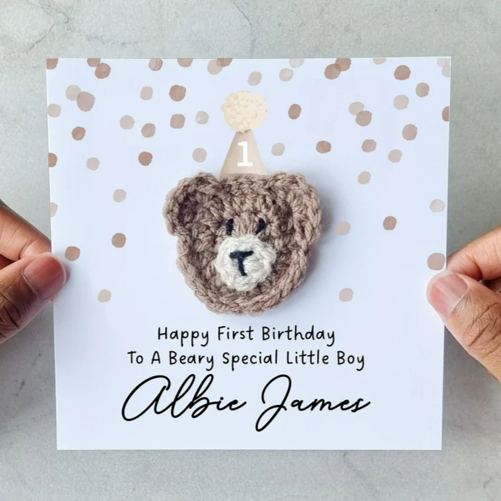 Personalised Boy 1st Birthday Card - Crochet Bear