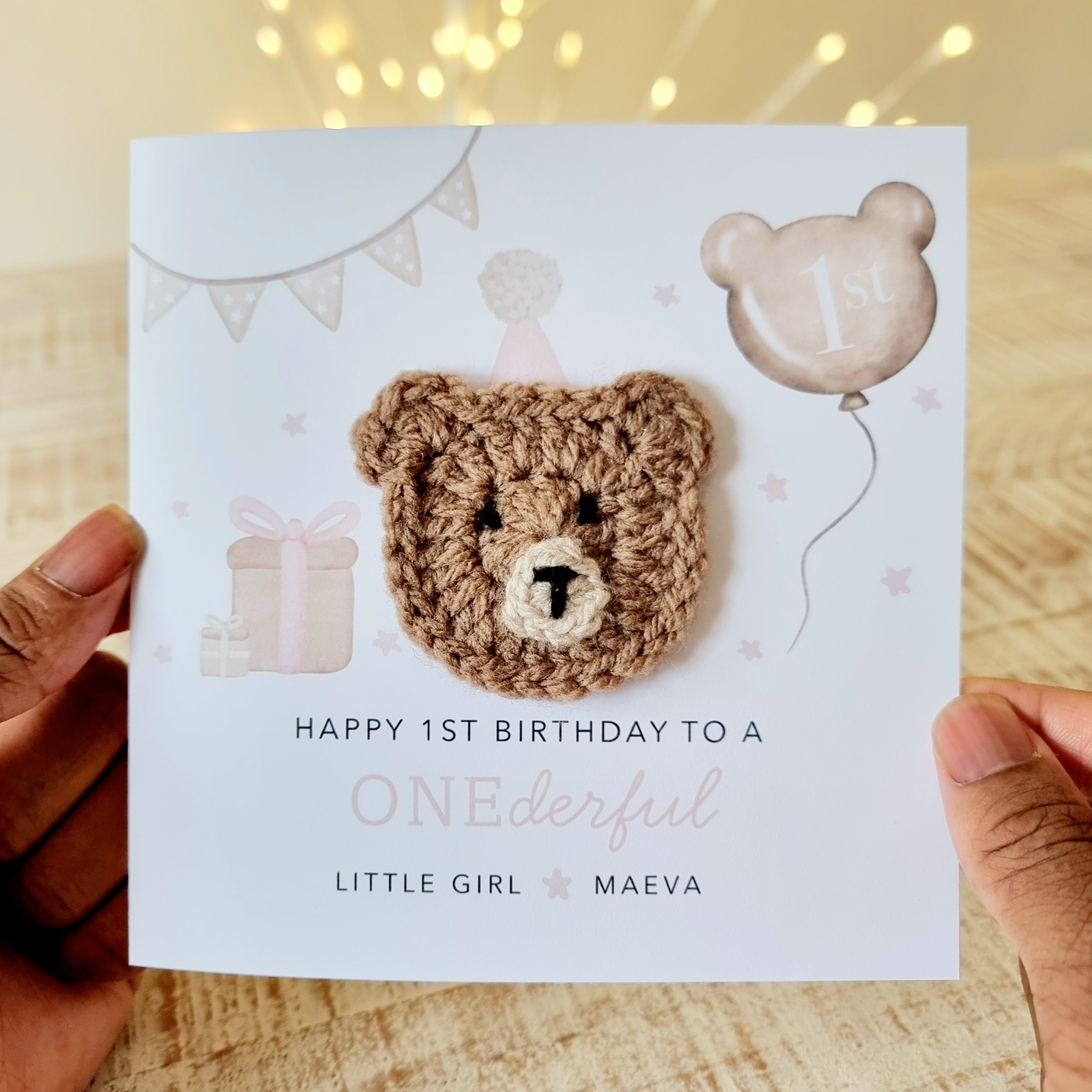 Personalised 1st Birthday Card - Girl - Crochet Bear