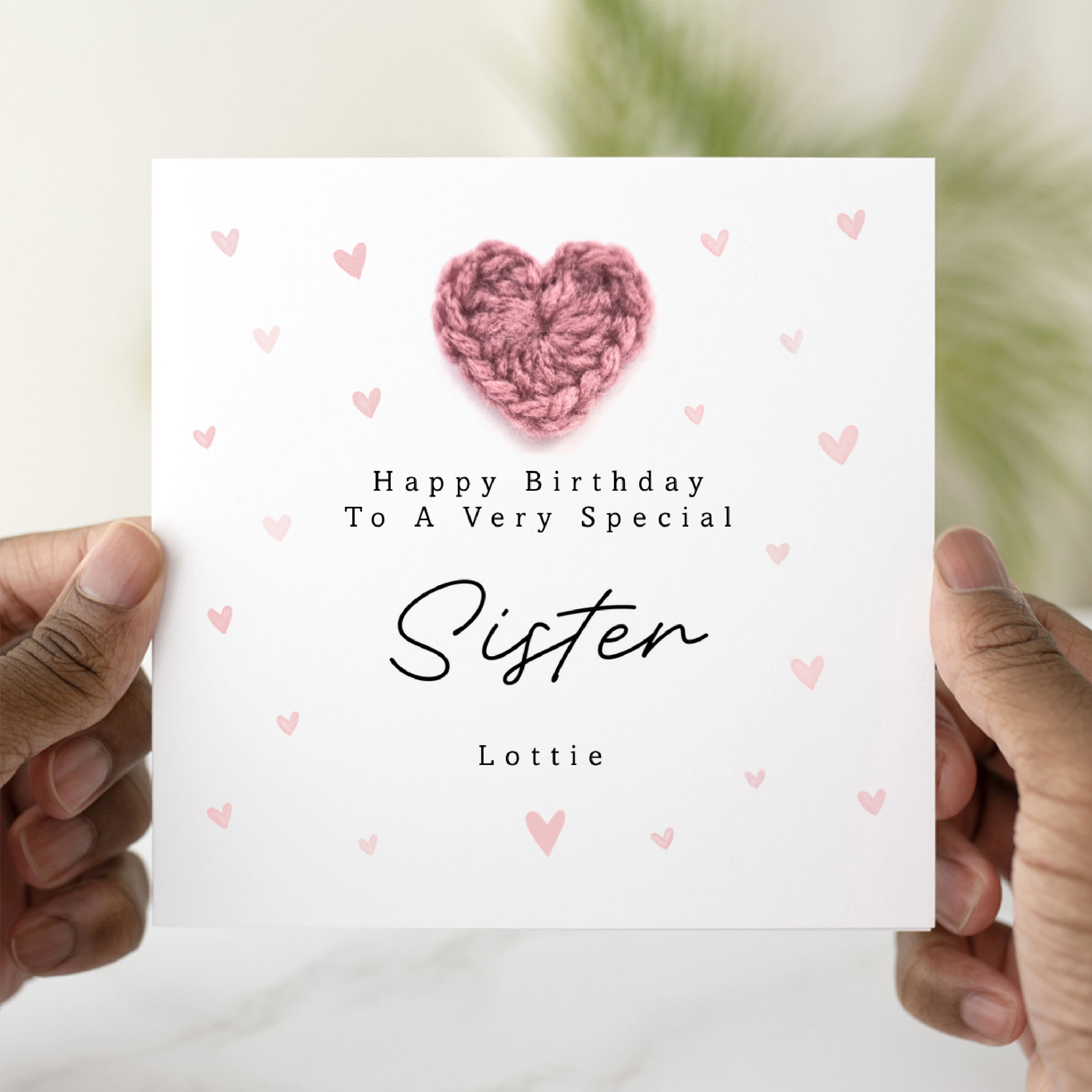 Personalised Sister Birthday Card - Crochet Heart