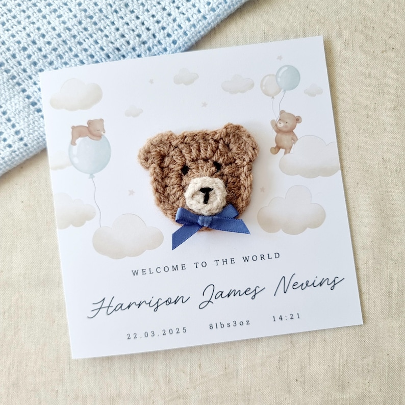 Personalised New Baby Card - Blue Balloons - Crochet Bear