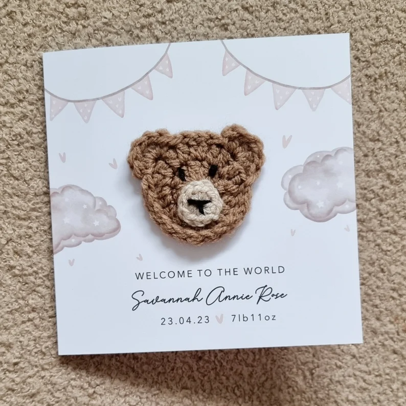 Personalised New Baby Card - Crochet Bear
