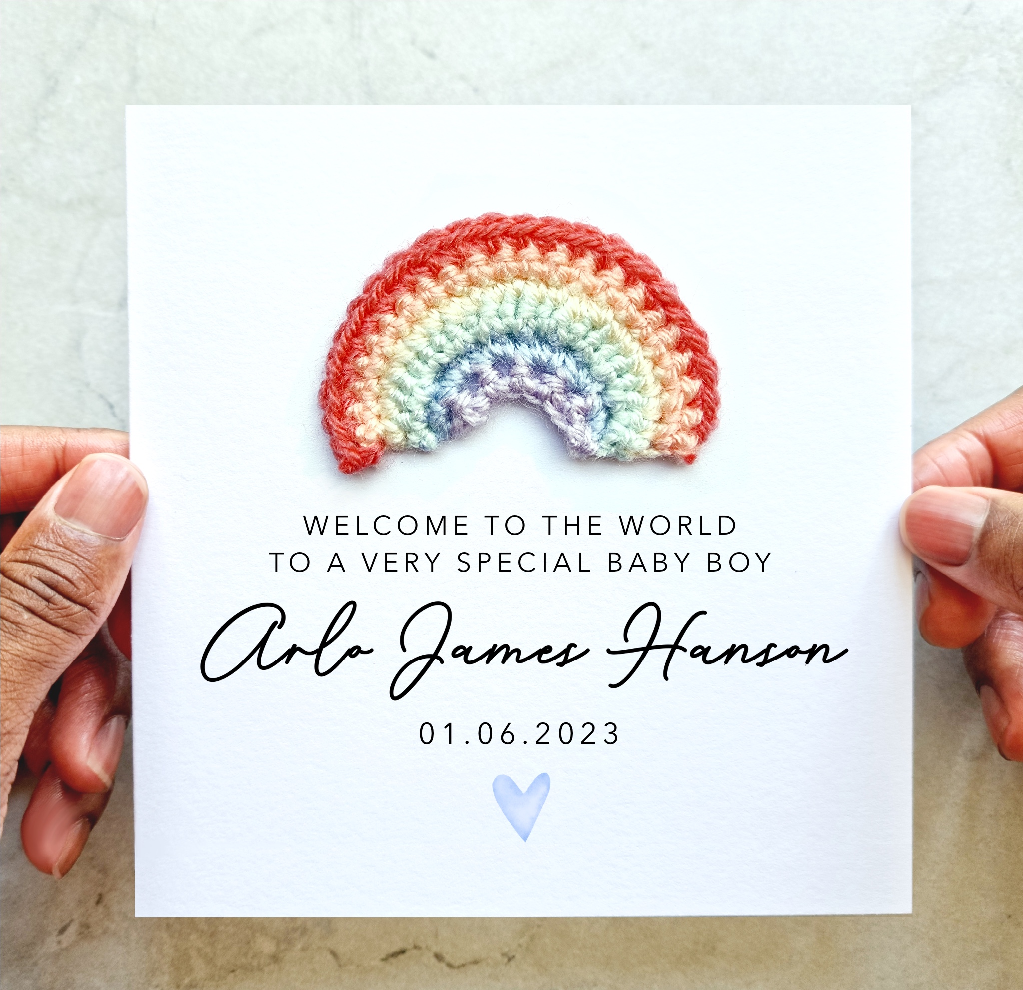 Personalised New Baby Boy Card - Crochet Rainbow