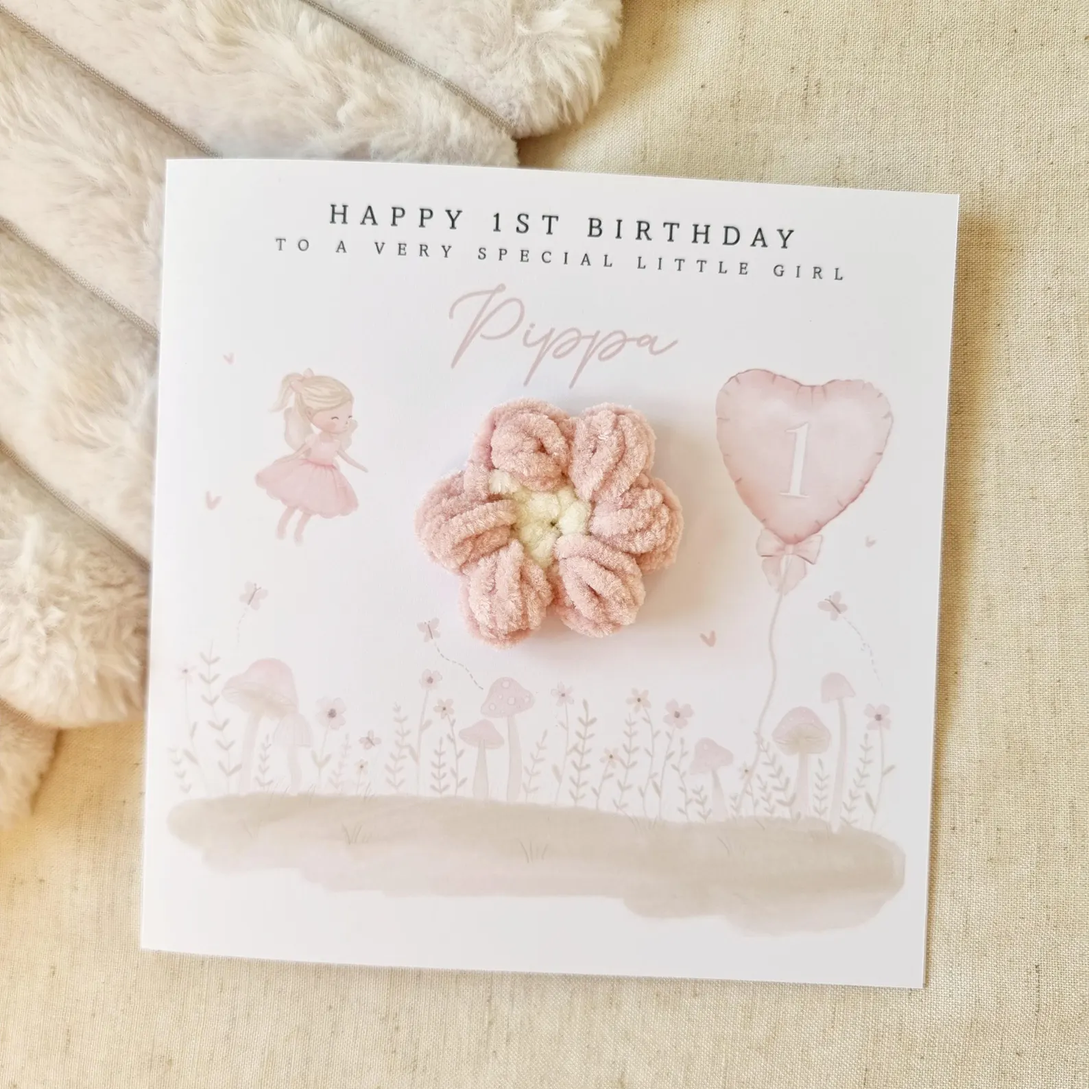 Personalised 1st Birthday Card - Cute Crochet Puff Flower