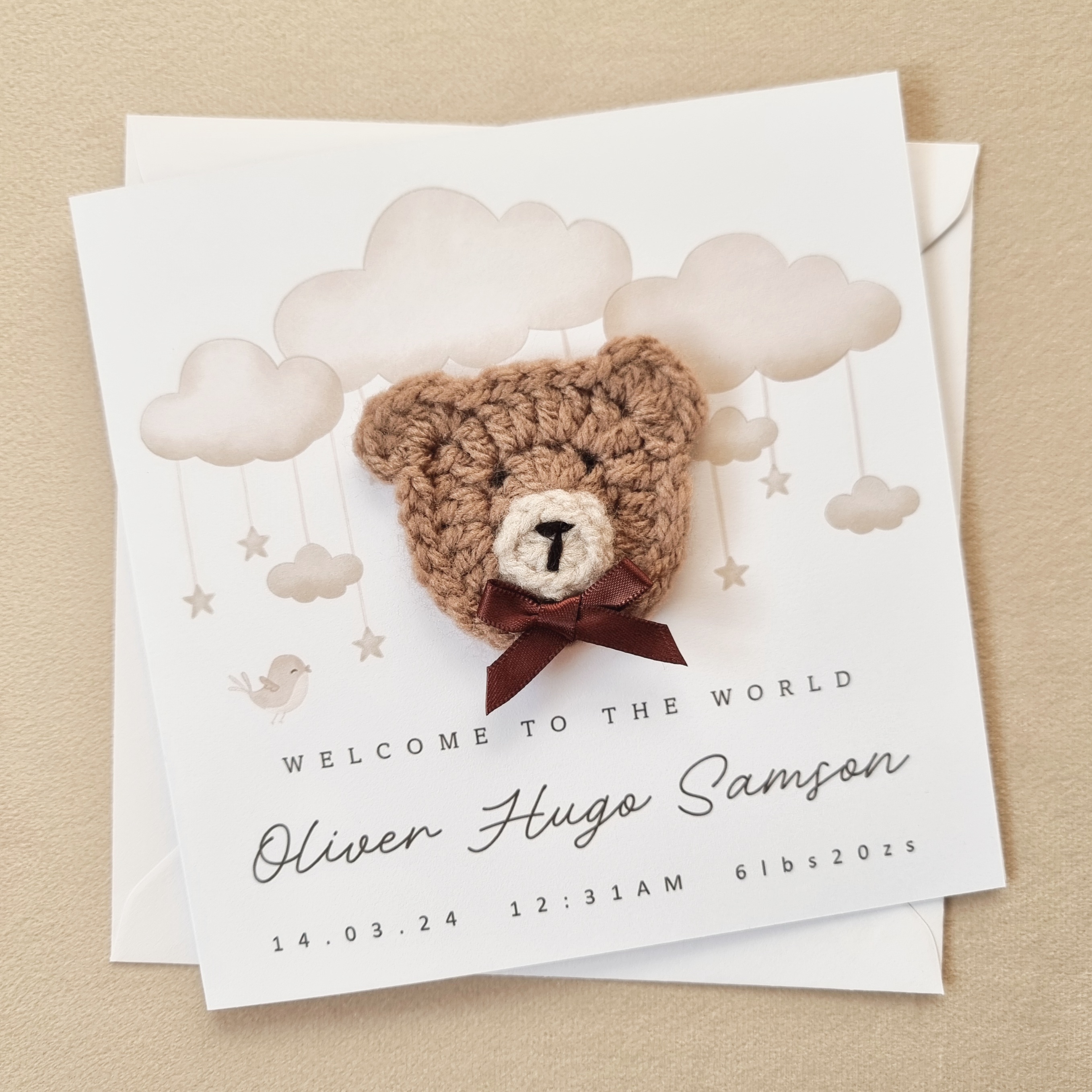 Personalised New Baby Card - Neutral Clouds - Crochet Bear