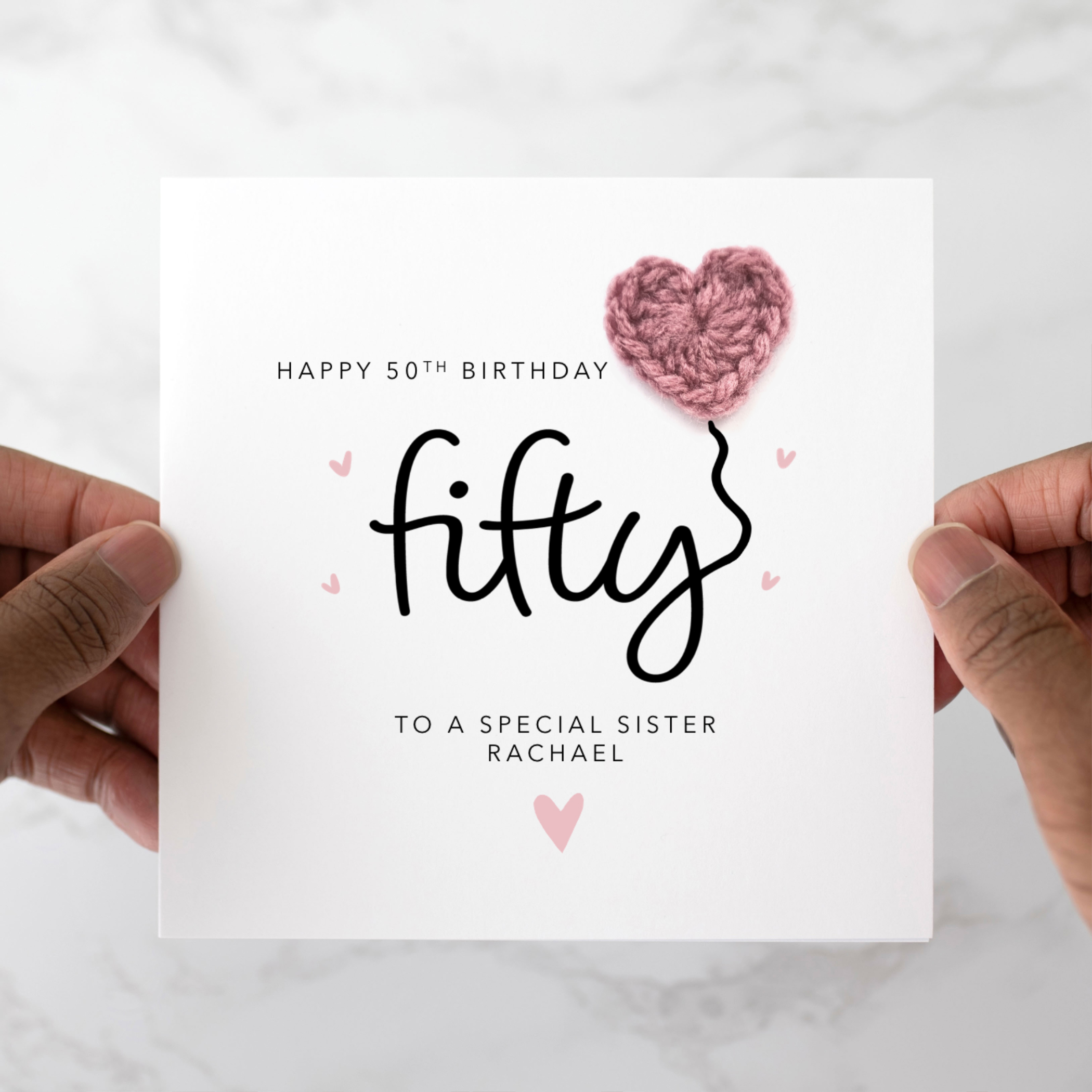 Personalised Sister 50th Birthday Card - Crochet Heart