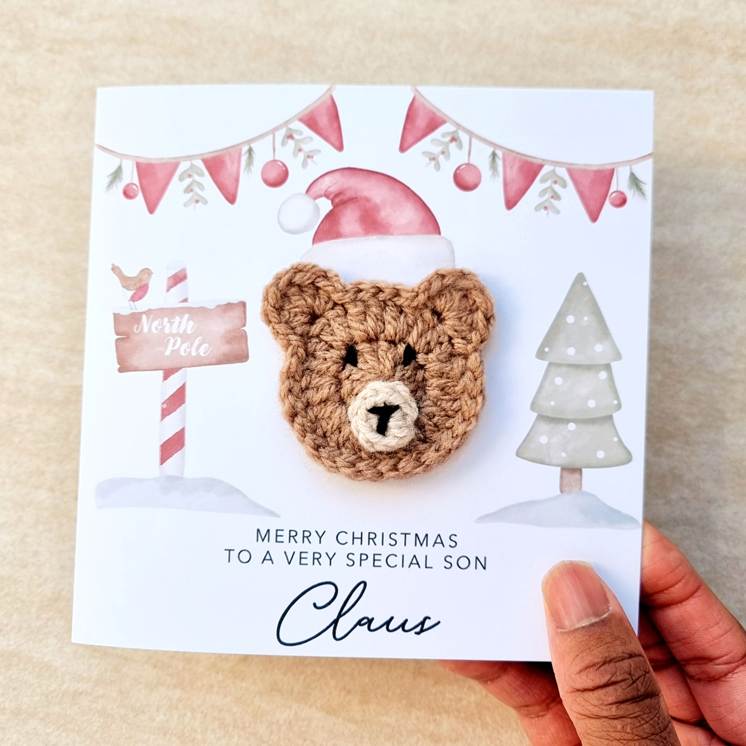 Personalised Son Christmas Card - Crochet Bear
