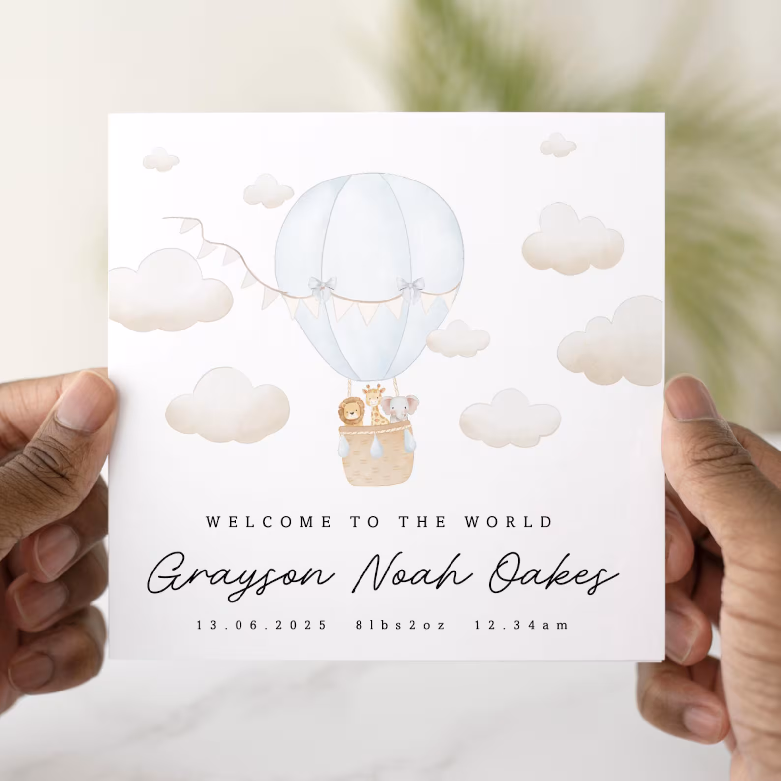 Personalised New Baby Card - Blue Hot Air Balloon