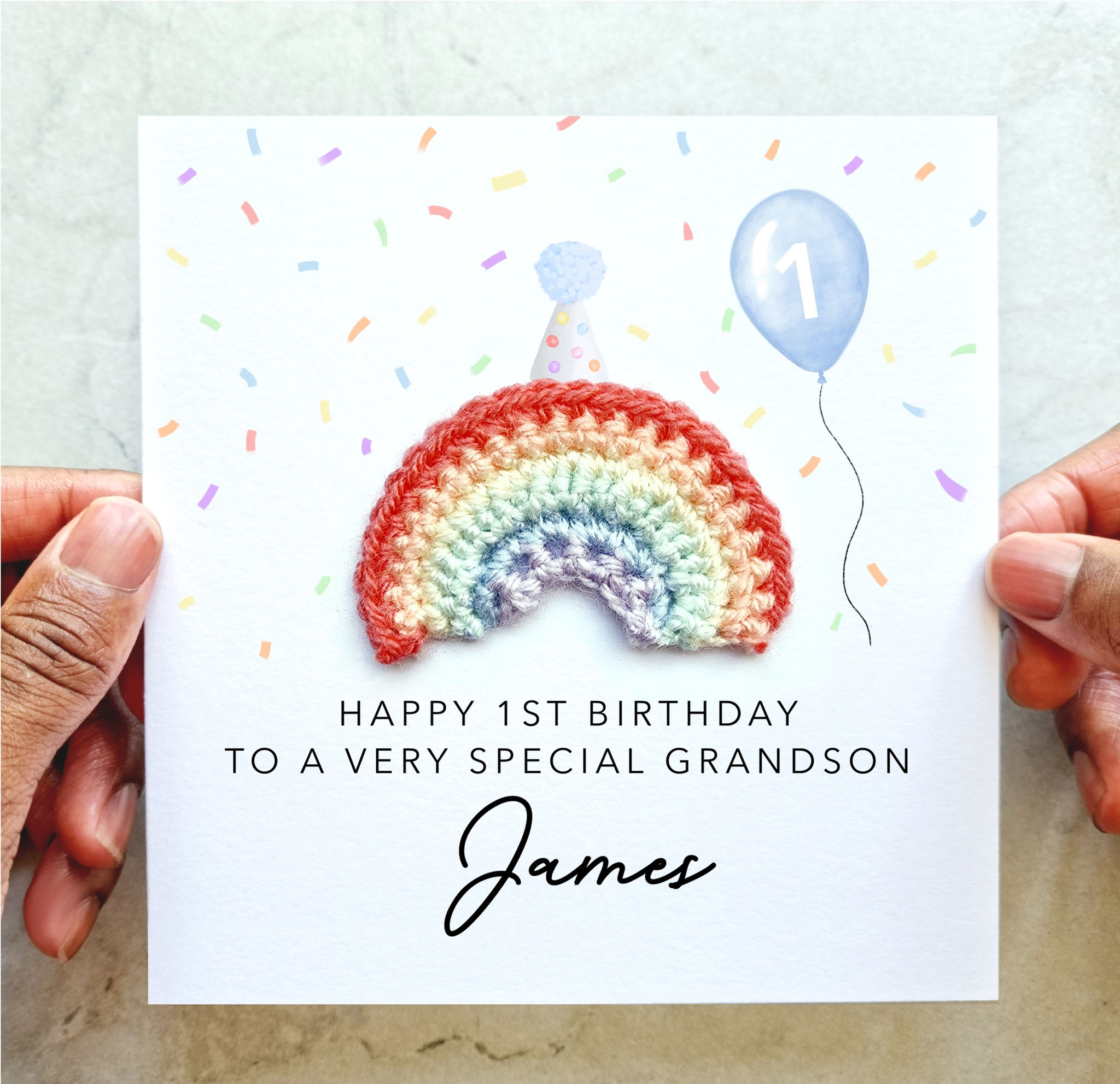 Personalised Grandson 1st Birthday Card - Crochet Rainbow