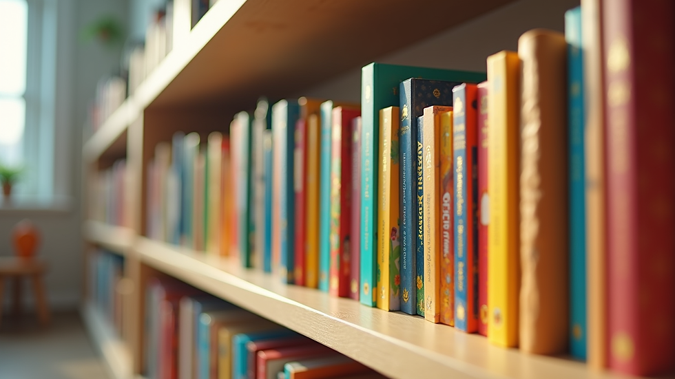 Eye-level view of a colourful bookshelf filled with toddler board books