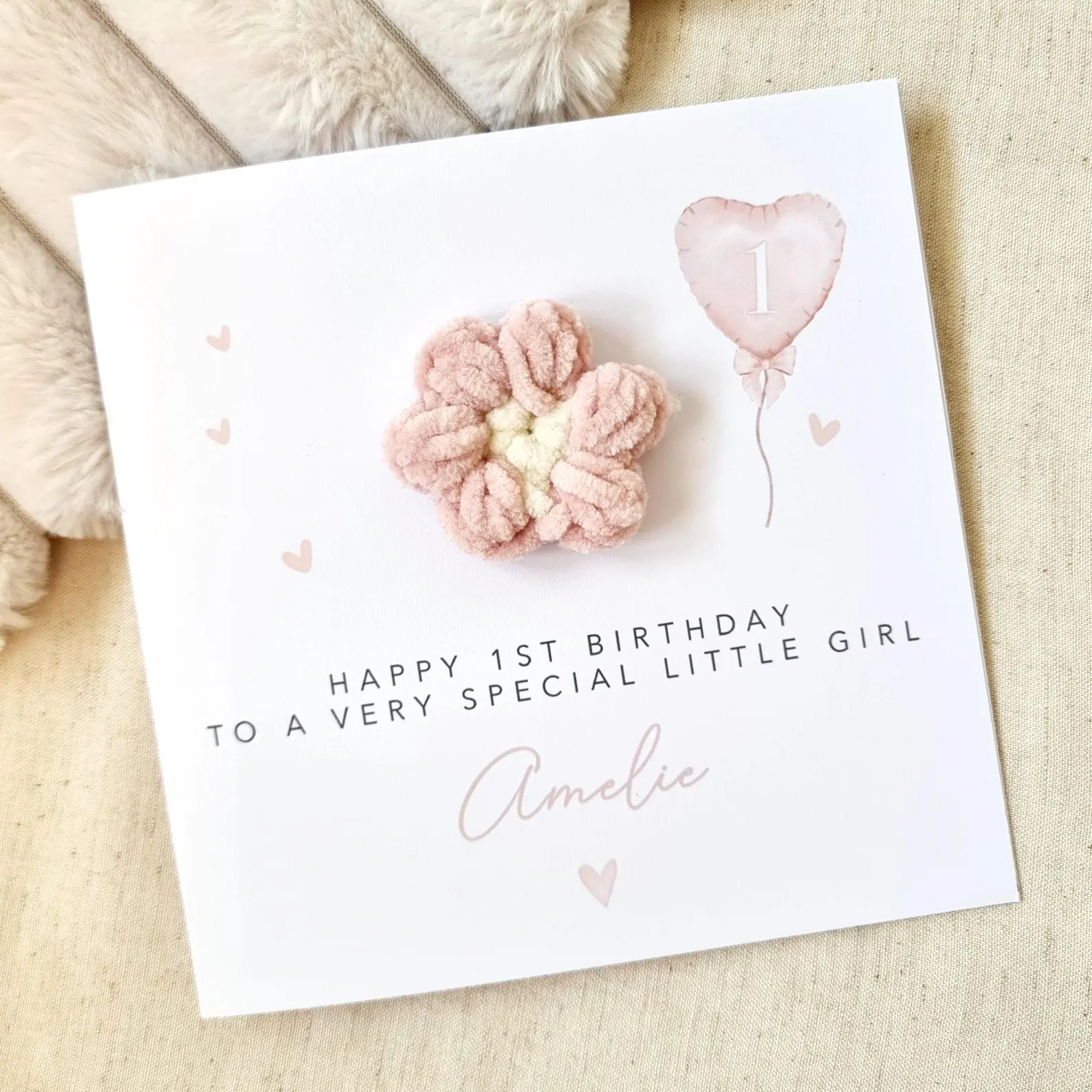 Personalised 1st Birthday Card - Cute Crochet Puff Flower