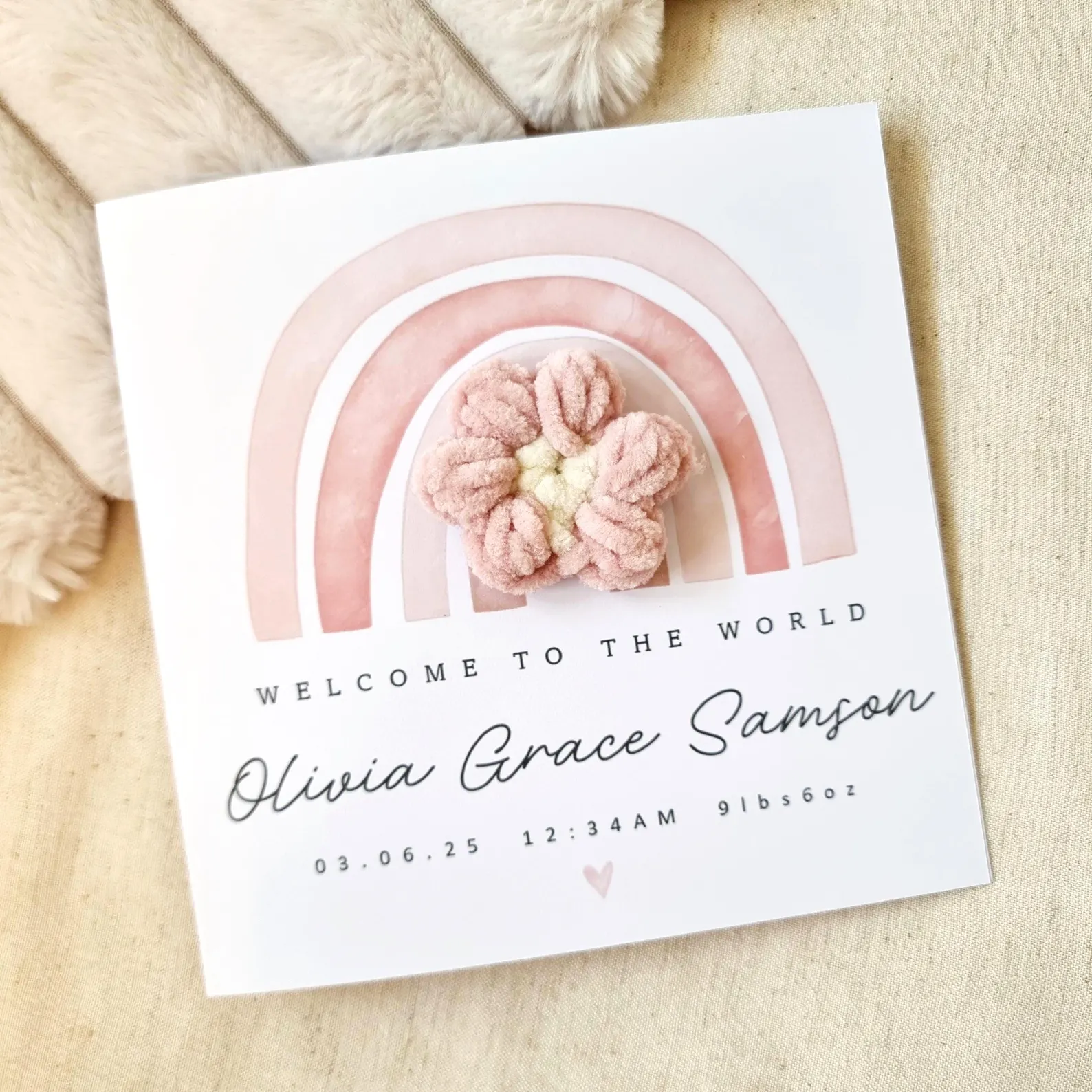 Personalised New Baby Card - Cute Crochet Puff Flower