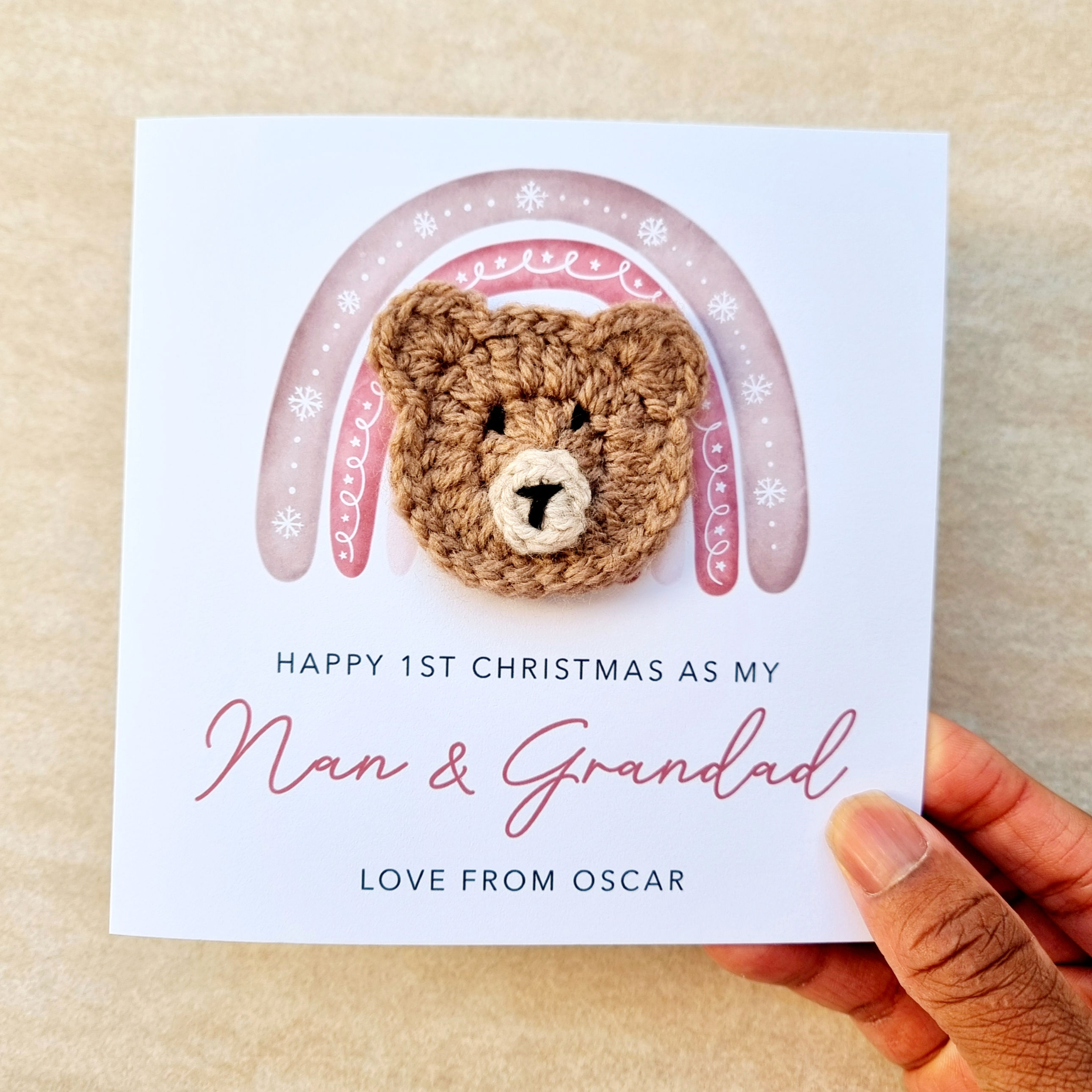 Personalised Nan And Grandad 1st Christmas Card - Crochet Bear
