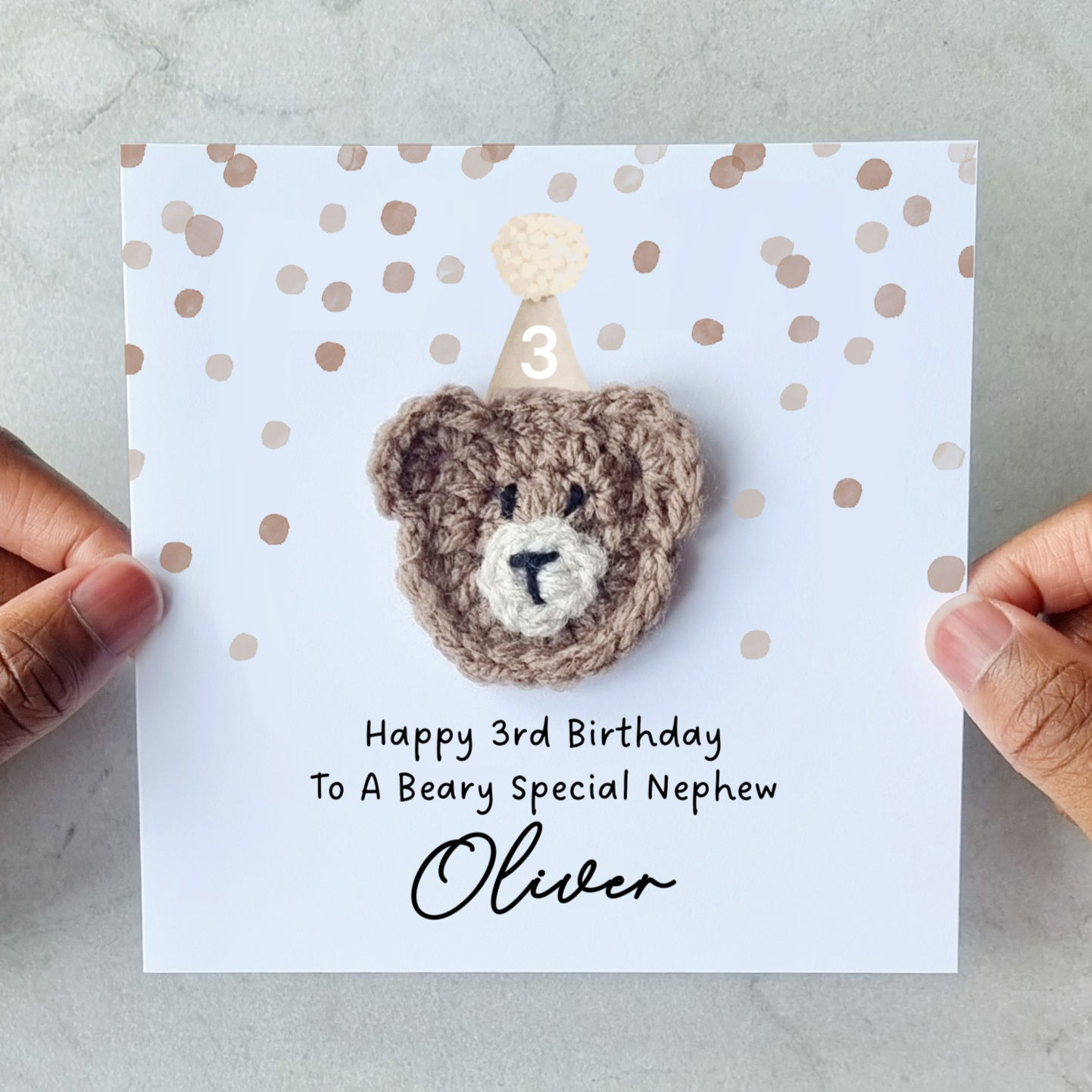 Personalised Nephew 3rd Birthday Card - Crochet Bear