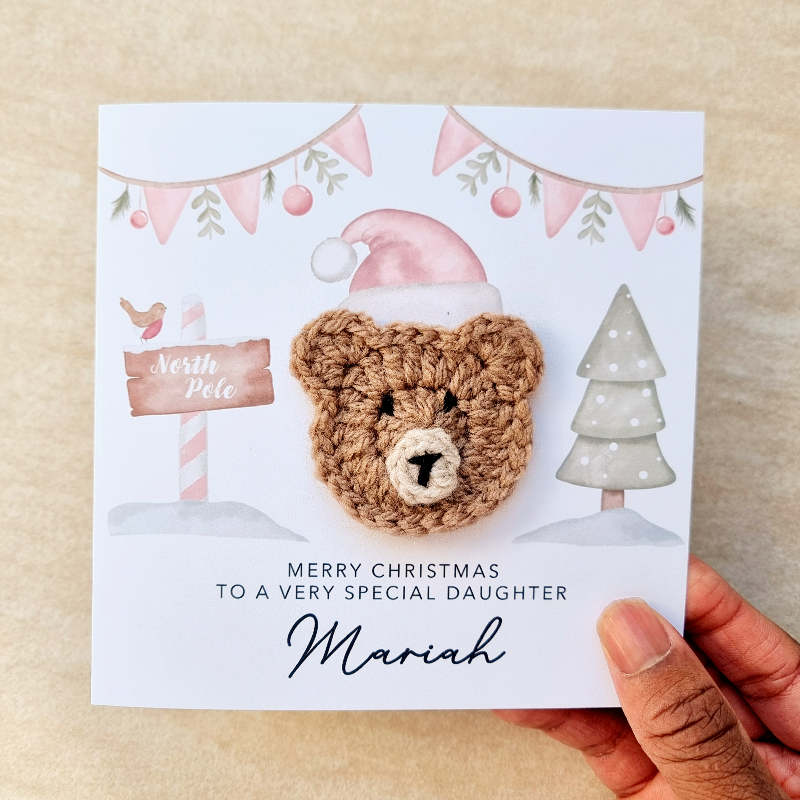 Personalised Daughter Christmas Card - Crochet Bear