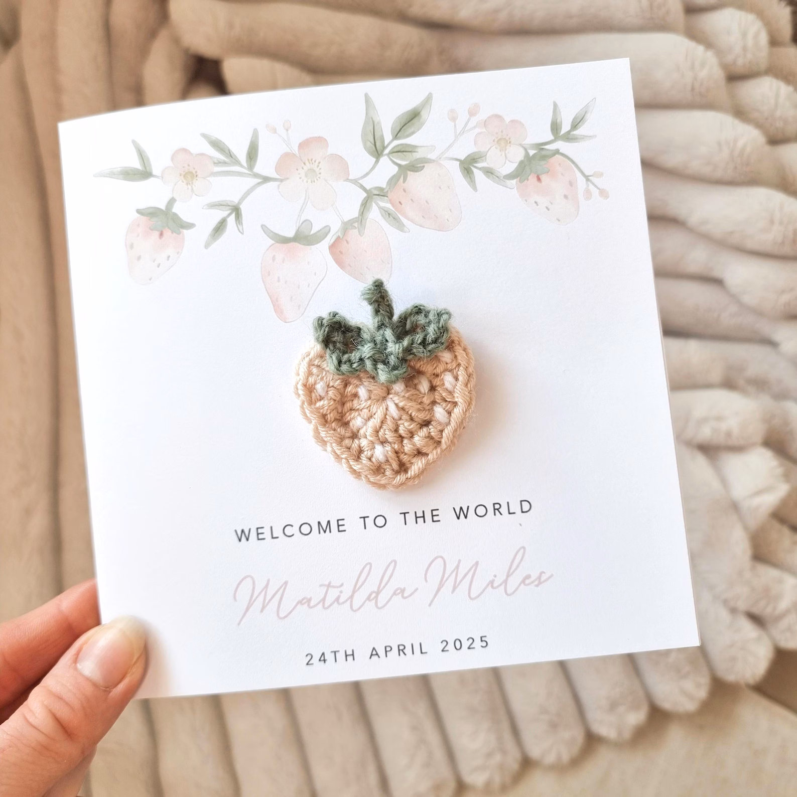 Personalised New Baby Card - Crochet Strawberry