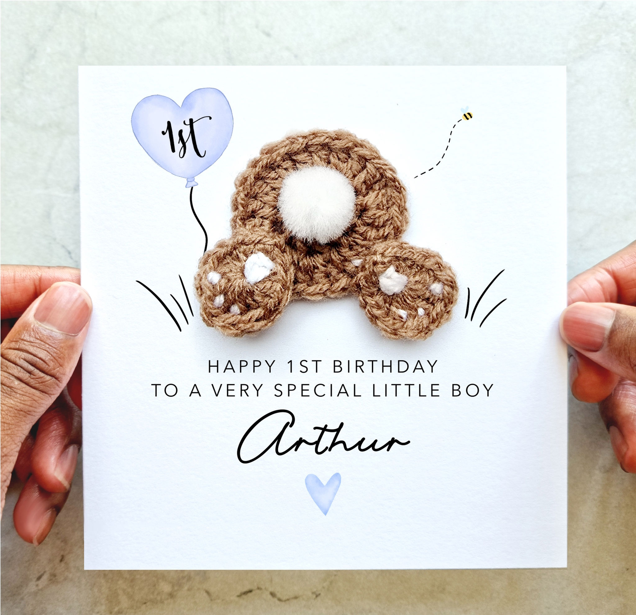 Personalised Little Boy 1st Birthday Card - Crochet Bunny