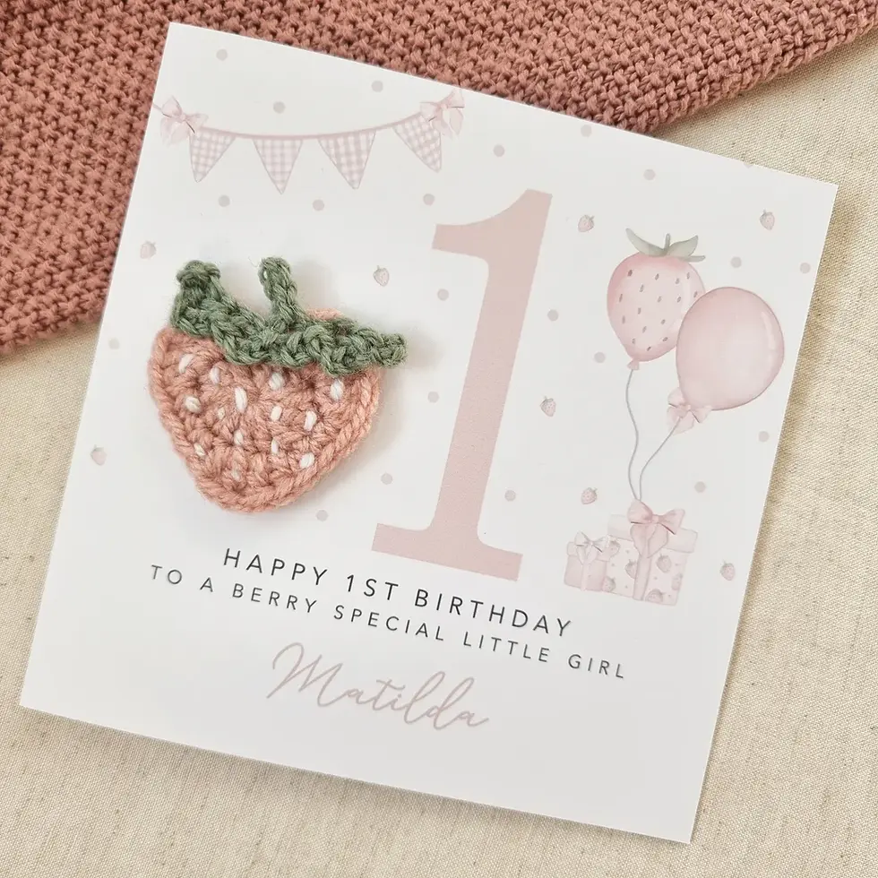 Thumbnail: Personalised 1st Birthday Card - Little Girl - Crochet Strawberry