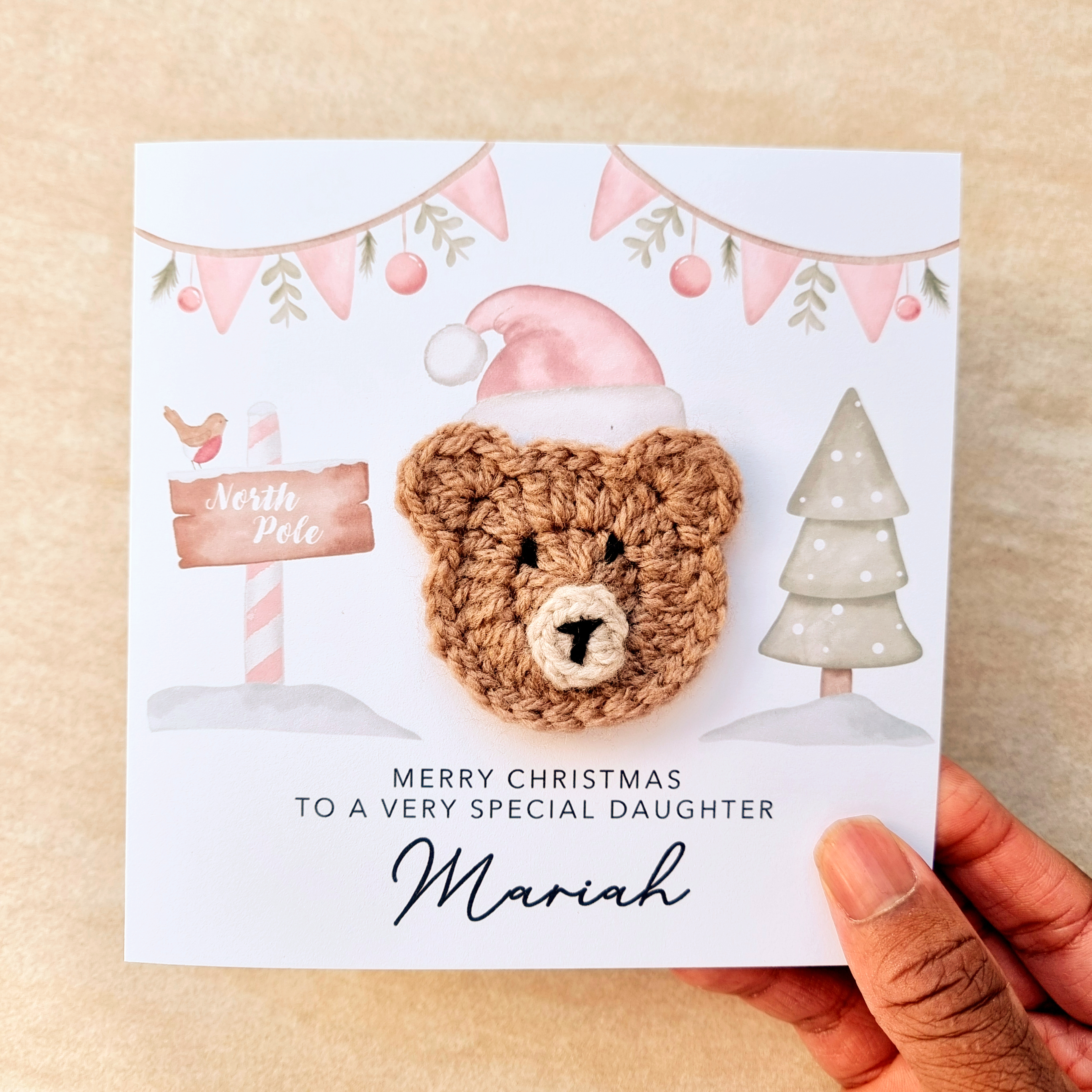 Personalised Daughter Christmas Card - Crochet Bear