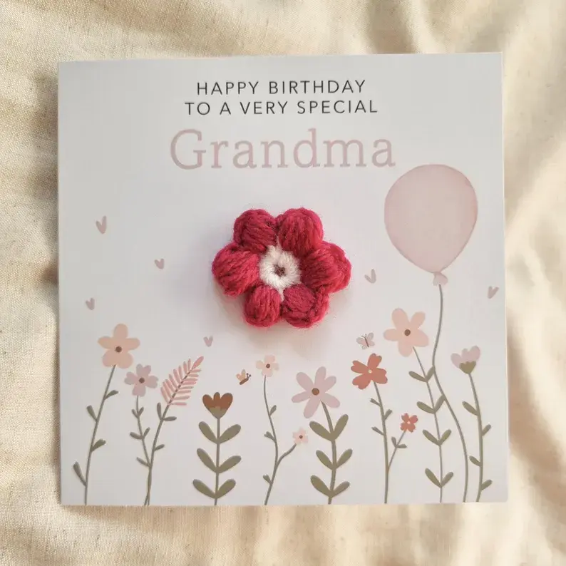 Thumbnail: Grandma Birthday Card - Crochet Blush Puff Flower