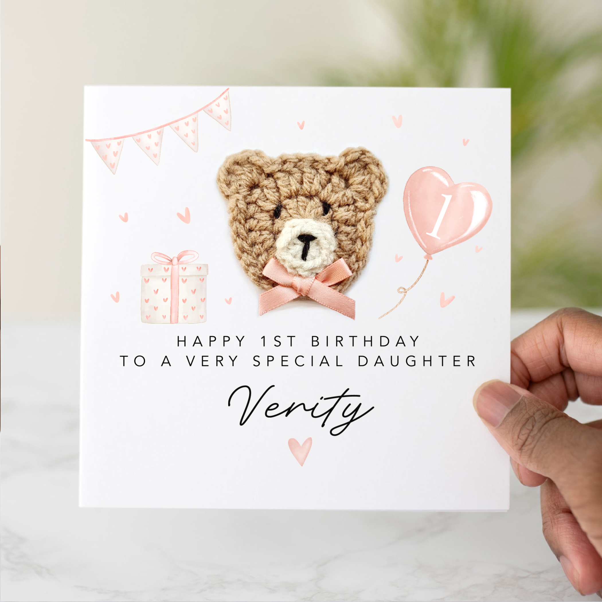 Personalised Daughter 1st Birthday Card - Crochet Bear