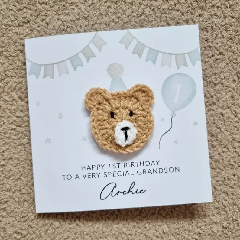 Thumbnail: Personalised Grandson 1st Birthday Card - Crochet Bear