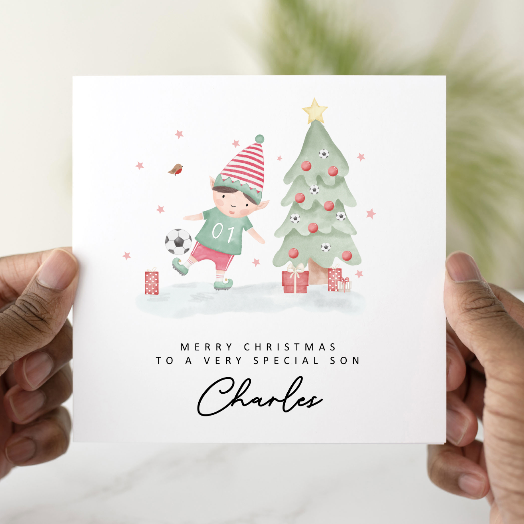 Personalised Son Christmas Card - Football Elf