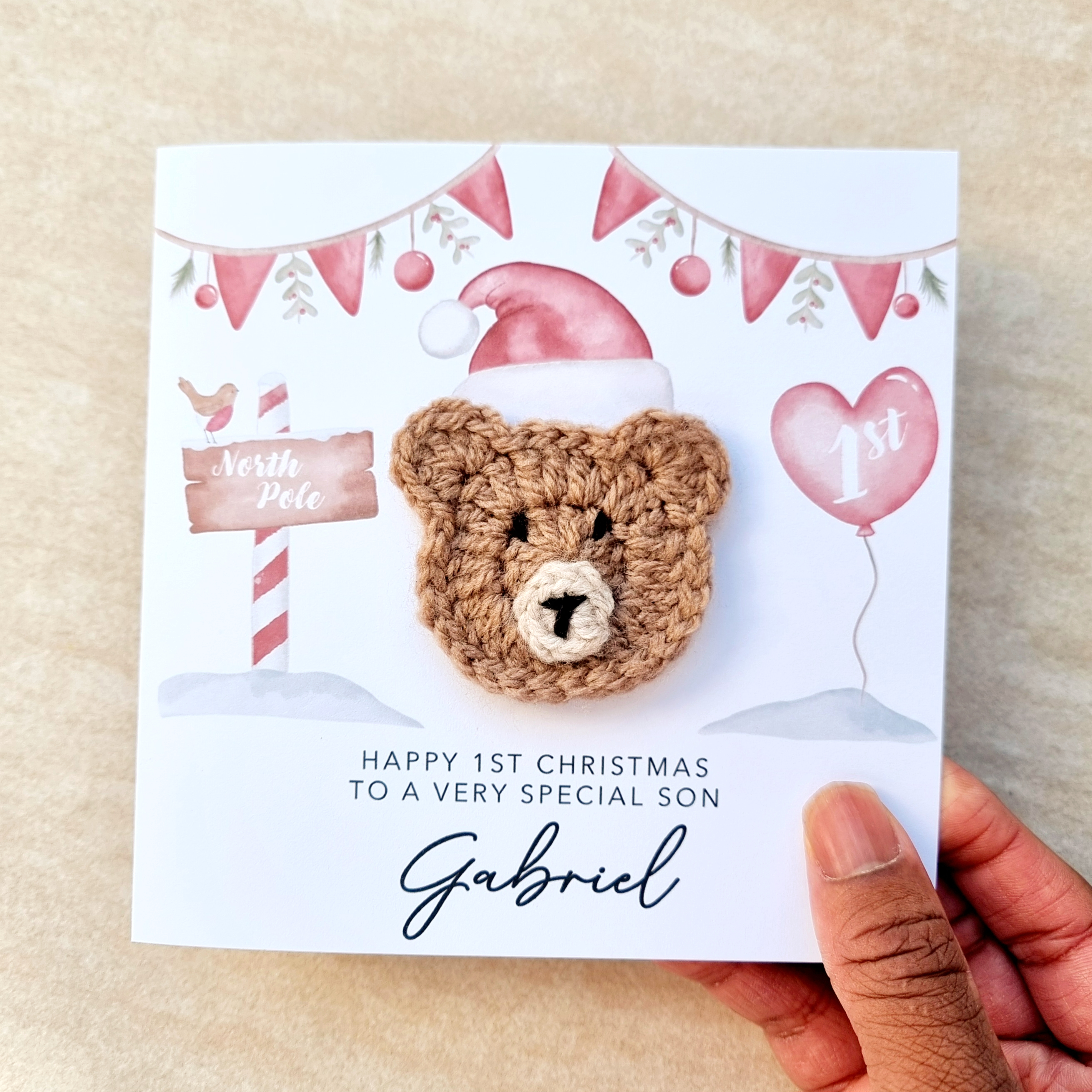 Personalised Son 1st Christmas Card - Crochet Bear