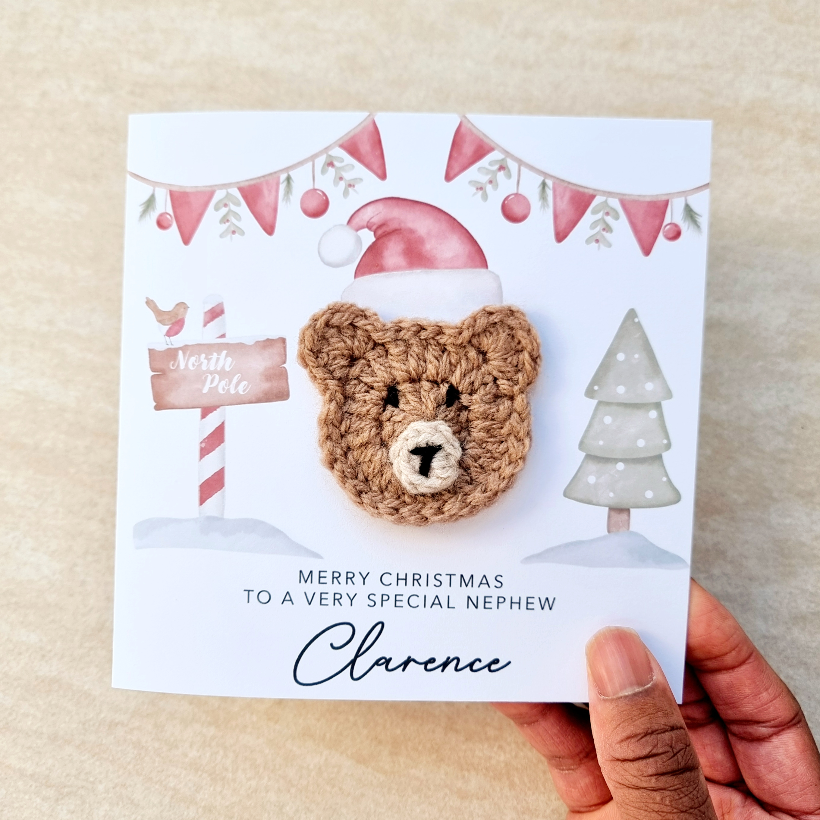 Personalised Nephew Christmas Card - Crochet Bear