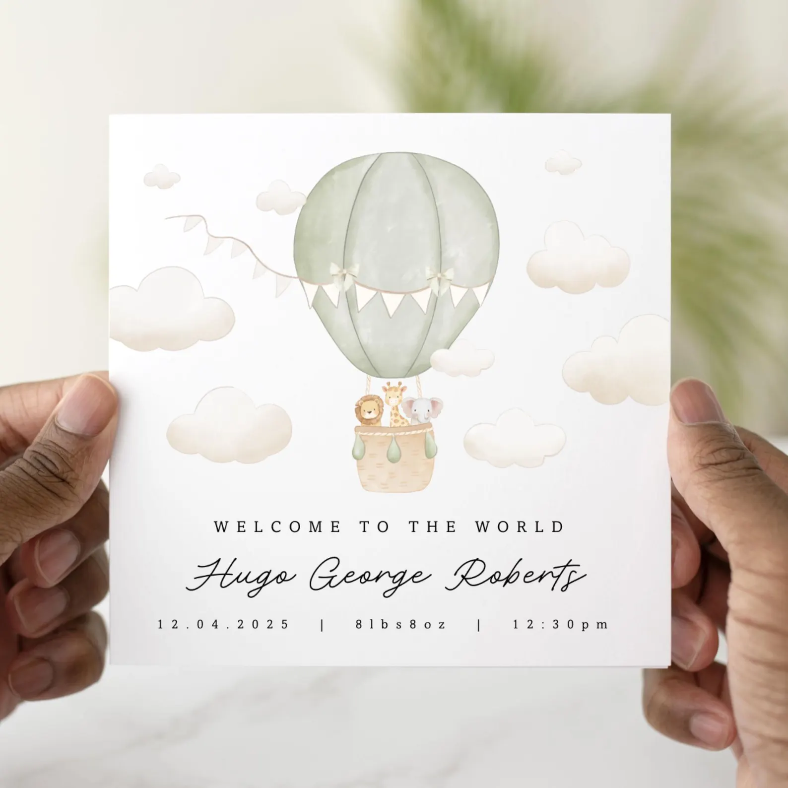 Personalised New Baby Card - Green Hot Air Balloon