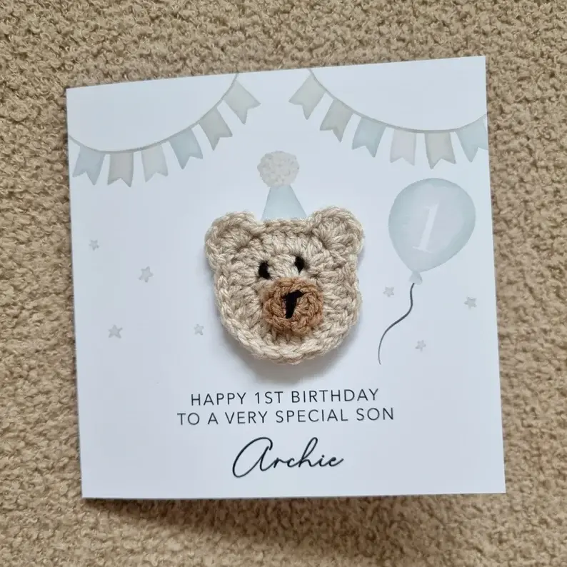 Thumbnail: Personalised Son 1st Birthday Card - Crochet Bear